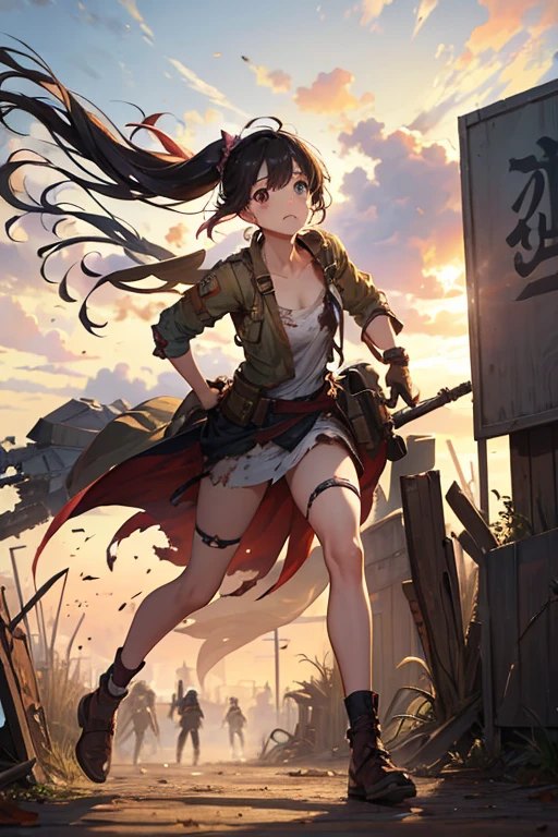 A beautiful girl running in tattered clothes、war、battlefield、Runaway beautiful girl、Wearing rags、fire