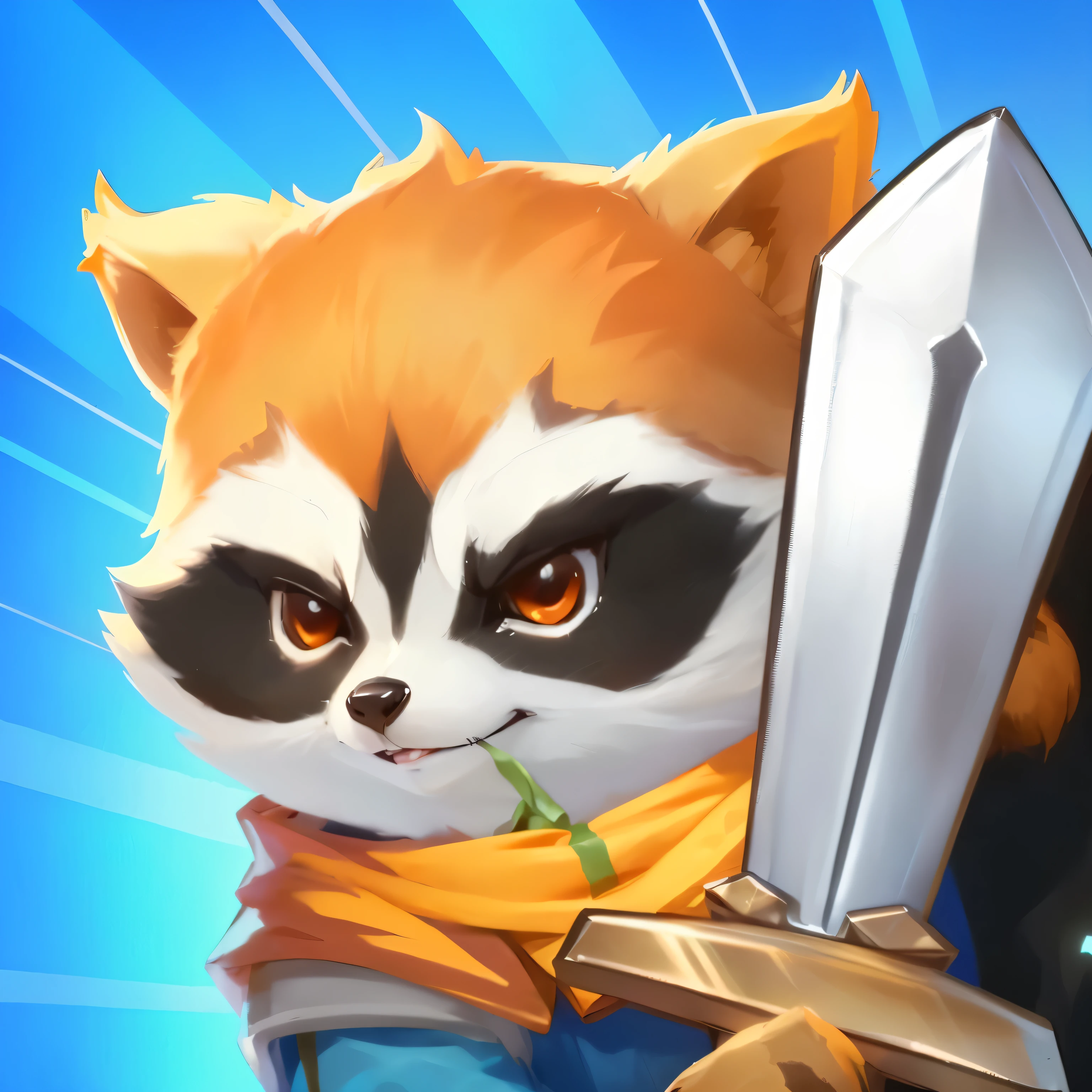 Close-up of a cartoon raccoon holding a sword, Q version character, Avatar pictures，Mobile game art, Fantasy style, Stylized art, Color Saturation，Smooth details