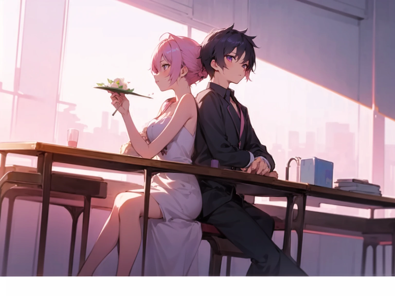 (absurdres), (perfect anatomy), (ingenious angle), (pink and purple tone), pastel colors, beautiful composition, RAW photo, extremely delicate and beautiful, aesthetic, 2 people, 2 person, friend, girls, friendship, female friends, two people, elegant, little prince, sitting side by side, sitting in a row, in front of a table, white background, daytime, warm atmosphere, soft light, emotional, fantastic, perfect composition, trending pixiv fanbox, clear eyes, anime hand drawn illustration, produced by Anime Painter Studio,