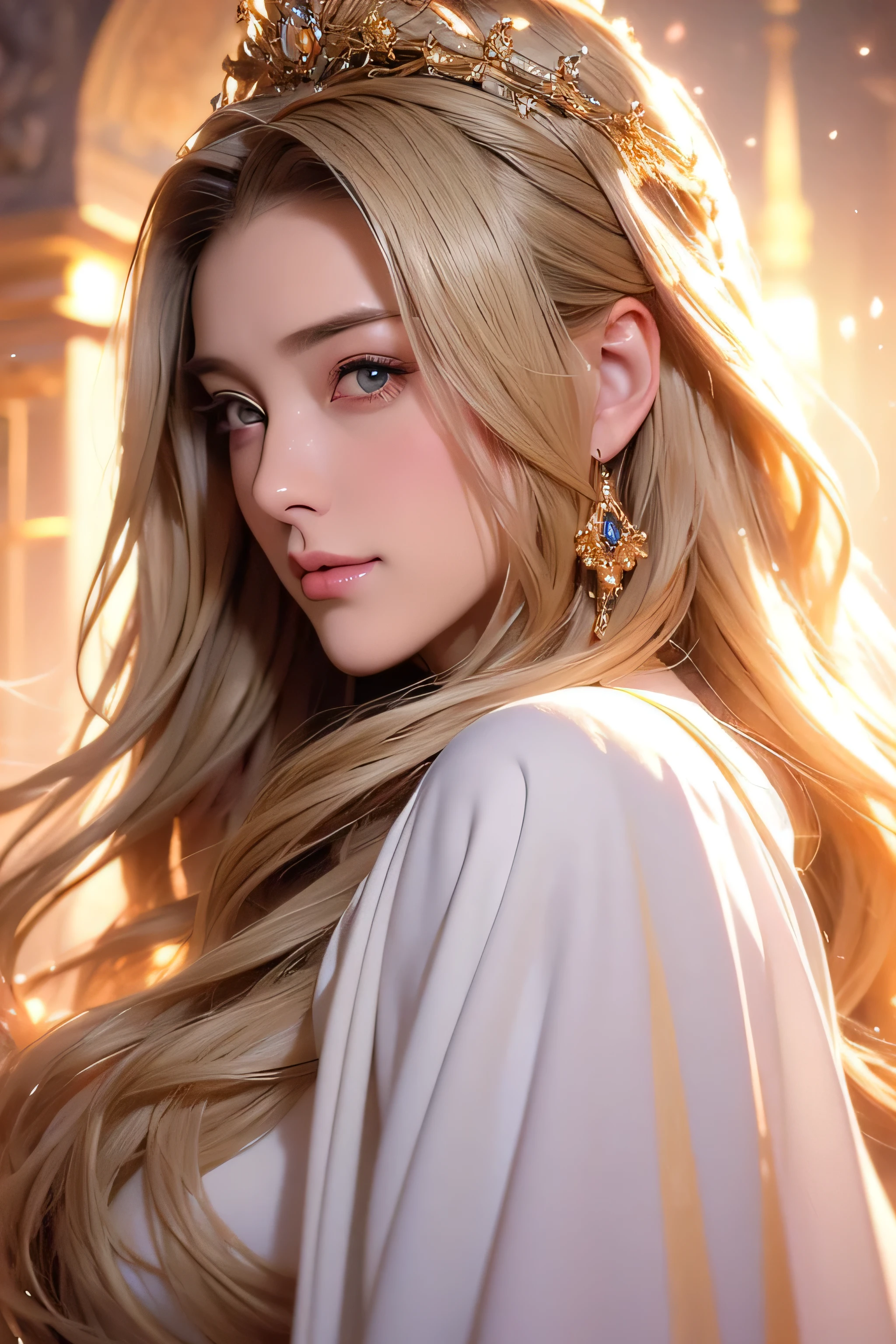 Beautiful 8 year old girl, Big eyes, midum Breasts, thin, 8k, highest quality, (Very detailed head: 1.0), (Highly detailed face: 1.0), (Very thin hair: 1.0), Maid clothes, High-resolution official artwork, Anime Moe Art Style, Beautiful and detailed anime art, shy smile, Blonde, Sleek Long Hair、((breathtaking beauty, flowing robes, golden crown on her head, goddess-like demeanor, ethereal atmosphere, majestic throne, celestial beings surrounding her, divine halo,