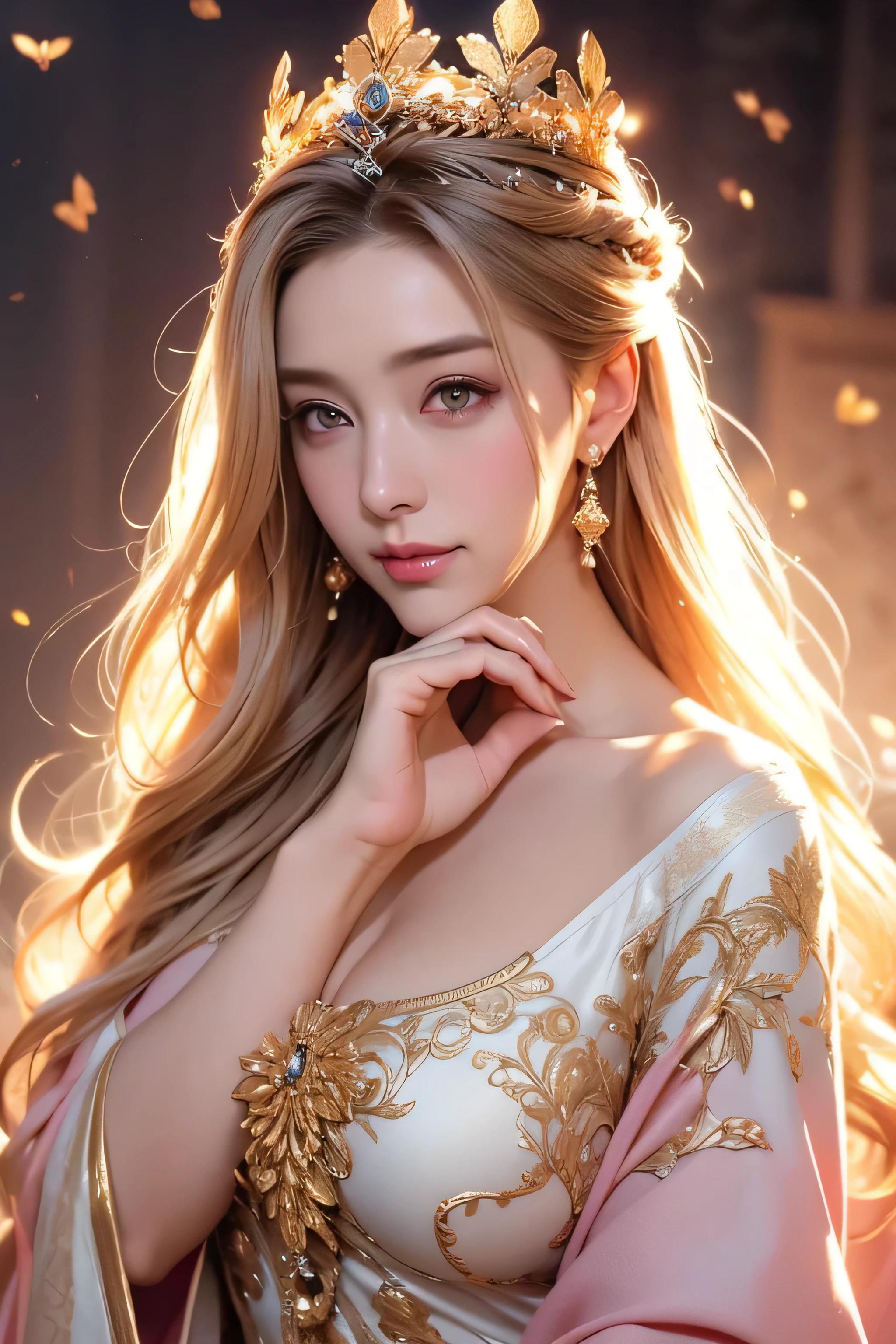 Beautiful 8 girl, Big eyes, midum Breasts, thin, 8k, highest quality, (Very detailed head: 1.0), (Highly detailed face: 1.0), (Very thin hair: 1.0), Maid clothes, High-resolution official artwork, Anime Moe Art Style, Beautiful and detailed anime art, shy smile, Blonde, Sleek Long Hair、((breathtaking beauty, flowing robes, golden crown on her head, goddess-like demeanor, ethereal atmosphere, majestic throne, celestial beings surrounding her, divine halo,Place your left hand gently on your chin,right hand holding,((open her mouth_say something))