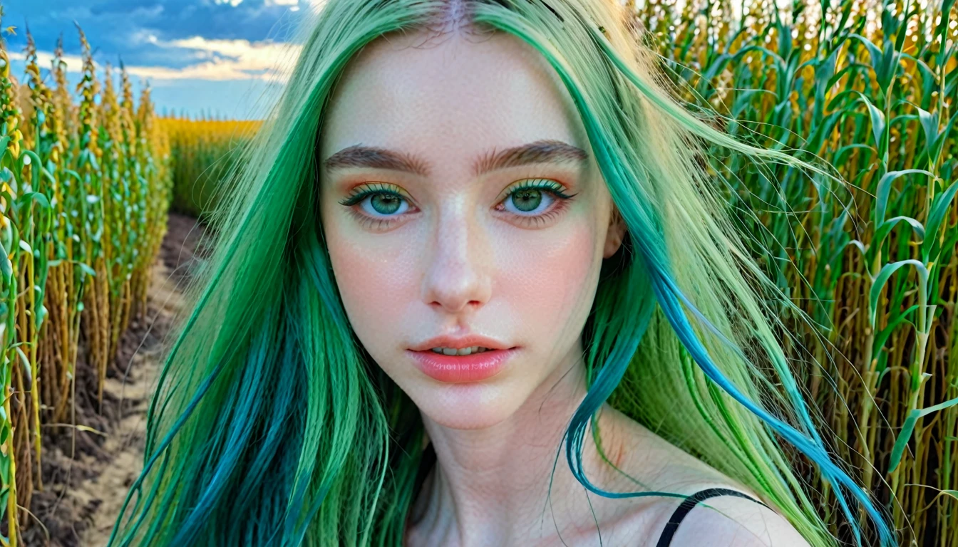 ((intricate details, pale skin)), solo, very detailed, detailed face, very long hair, picture of a beautiful young woman, dasha_taran, sfw, ((natural green hair style)), High Definition RAW Photography, 16k photography, (full body), standing, delicate facial features, pretty face, detailed full body, visible from head to knees, (bright sky-blue eyes:1.2), mesmerizing eyes, emotive longing expression, (cinematic, film grain:1.1), multicolored hair, Hyperrealism, UHD, retina, masterpiece, ccurate, anatomically correct, textured skin, super detail, high details, high quality, award winning, best quality, highres