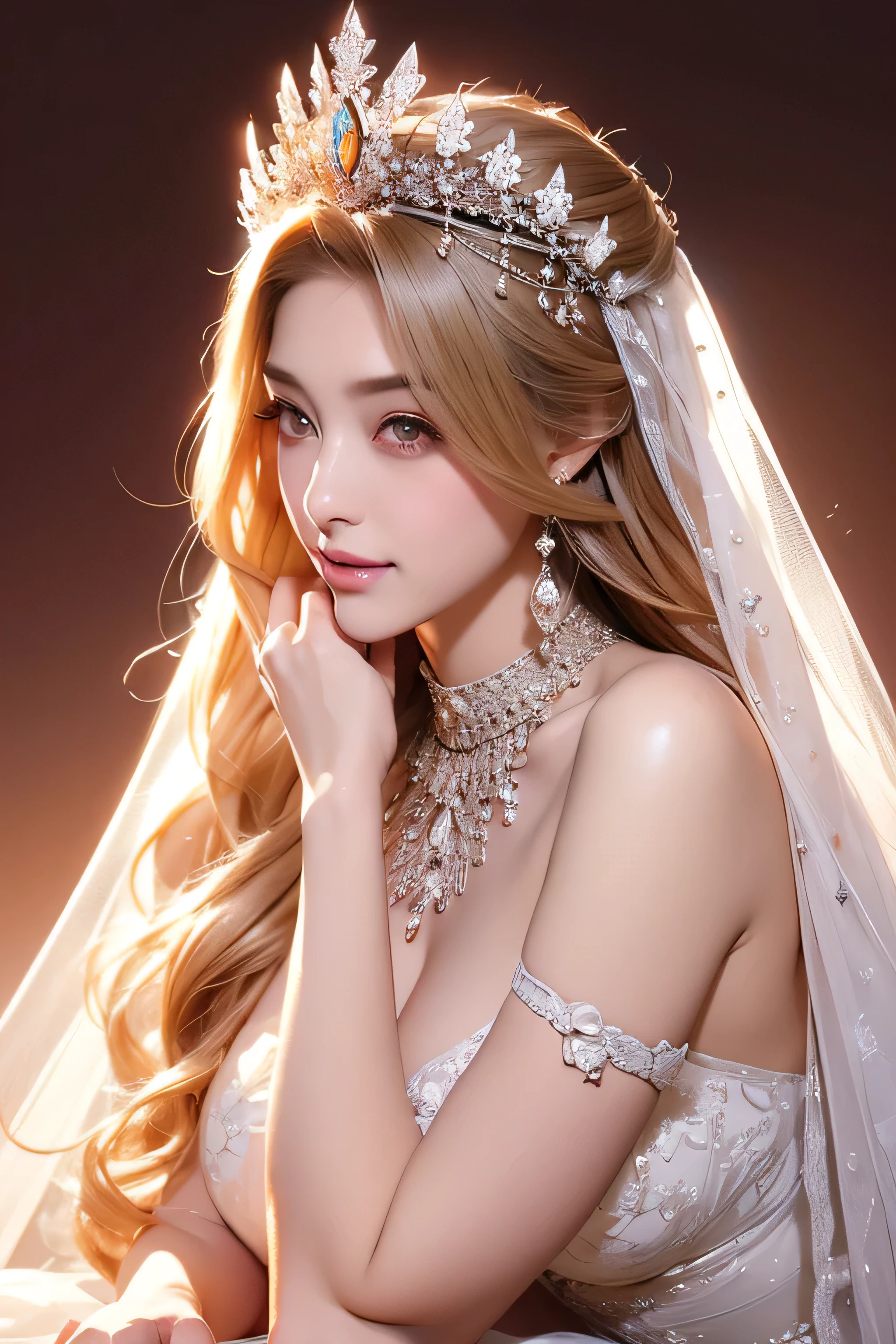 Beautiful 8 year old girl, Big eyes, midum Breasts, thin, 8k, highest quality, (Very detailed head: 1.0), (Highly detailed face: 1.0), (Very thin hair: 1.0), Maid clothes, High-resolution official artwork, Anime Moe Art Style, Beautiful and detailed anime art, shy smile, Blonde, Sleek Long Hair、((wearing The most extravagant and finest giant wedding dresses:1.1)、(The most luxurious and highest quality giant tiara:1.1)、(The most luxurious and highest quality giant necklace:1.1)、,Place your left hand gently on your chin,right hand holding,((open her mouth_say something)),((red high heels))