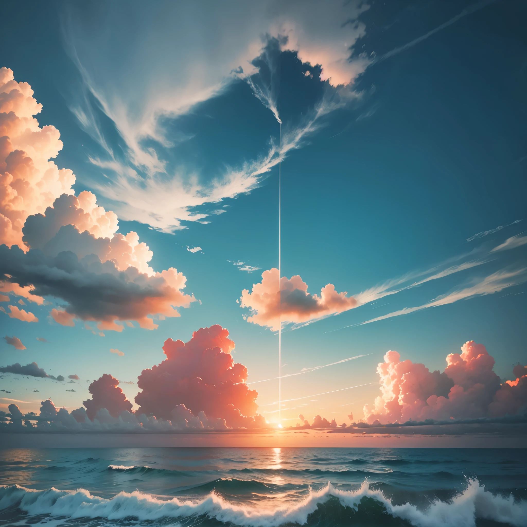 sky , white clouds, ocean , sunset, reddish sky