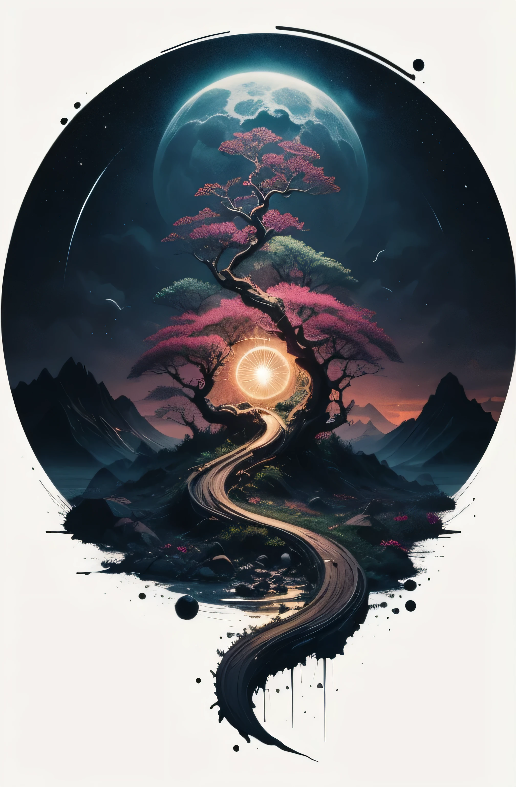 (masterpiece, top quality, best quality, official art, beautiful and aesthetic:1.2), Yggdrasil, big vortex , bioluminescent, night sky, splash art, scenery, ink