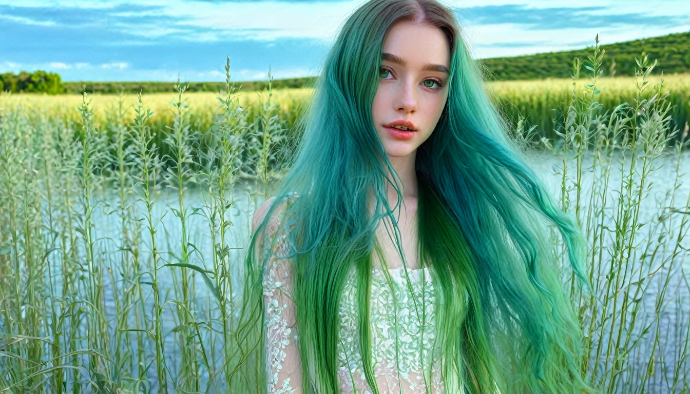 ((intricate details, pale skin)), solo, very detailed, detailed face, very long hair, picture of a beautiful young woman, dasha_taran, sfw, ((natural green hair style)), High Definition RAW Photography, 16k photography, (full body), standing, delicate facial features, pretty face, detailed full body, visible from head to knees, (bright sky-blue eyes:1.2), mesmerizing eyes, emotive longing expression, (cinematic, film grain:1.1), multicolored hair, Hyperrealism, UHD, retina, masterpiece, ccurate, anatomically correct, textured skin, super detail, high details, high quality, award winning, best quality, highres