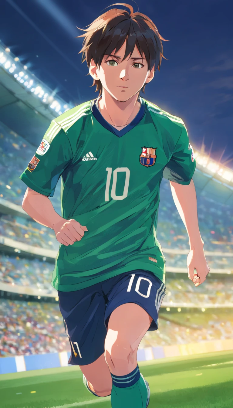 Lionel Messi , wear green uniform jnt cargo, Anime style , footballer , (( Image without abnormalities )) , Standard Scenario , beste-Qualit , Best resolution , master-piece, t shirt black