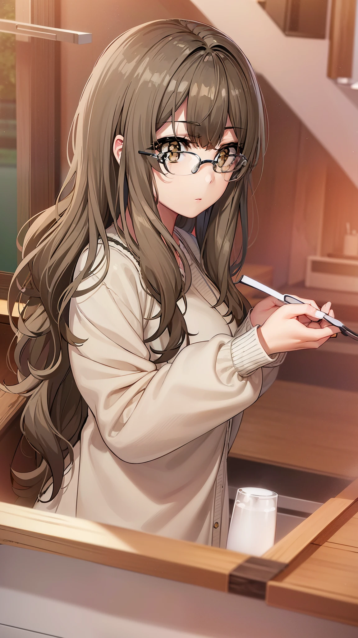 riofutaba, rio futaba, black-framed eyewear, (brown eyes:1.7), glasses, (grey hair:1.2), hair between eyes, over-rim eyewear, semi-rimless eyewear, long hair, sidelocks, 
BREAK (masterpiece:1.2), best quality, high resolution, unity 8k wallpaper, (illustration:0.8), (beautiful detailed eyes:1.6), extremely detailed face, perfect lighting, extremely detailed CG, (perfect hands, perfect anatomy),