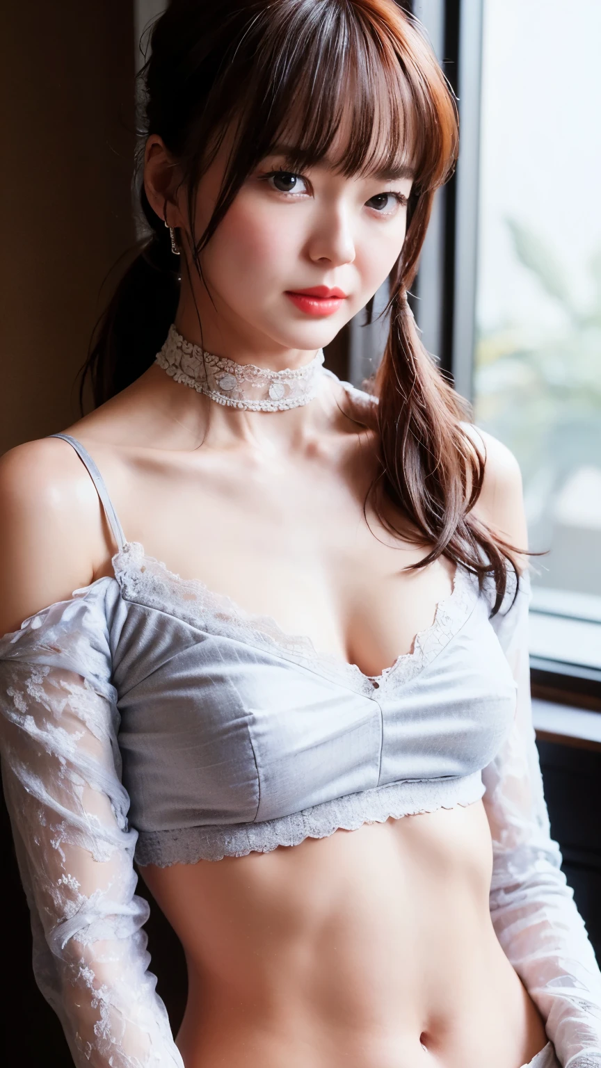 super high quality，8k，Gal，Sexy and feminine, High and cold，Fascinating，The head proportions are perfect，Grey high ponytail，Wear a short, sheer lace bra, White low waist sheer lace thong，Fiery red lips，Swan neck，choker，The sun is shining