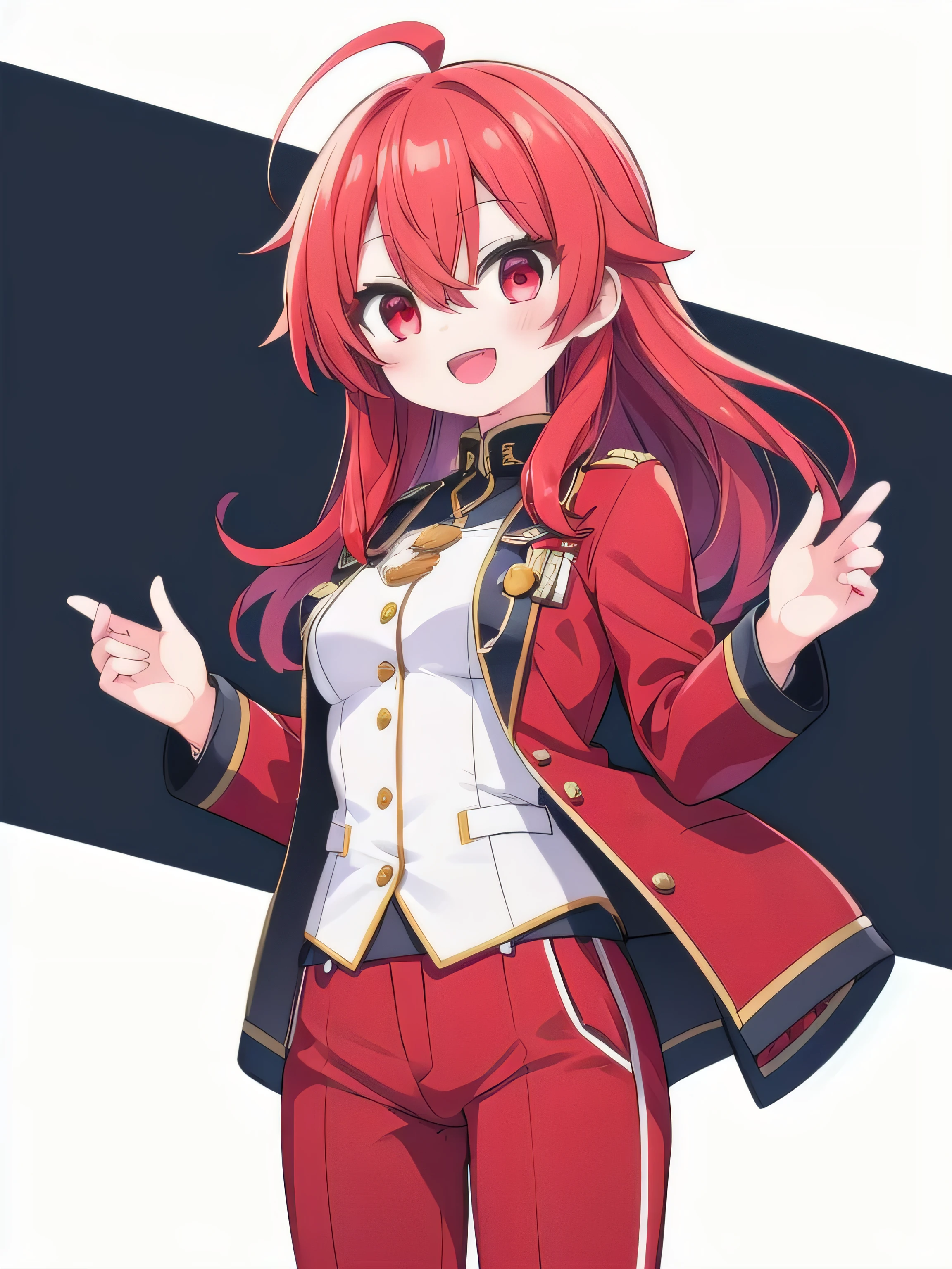 masterpiece, top quality, super detailed, CG illustration, high resolution, better lighting, best shadows, very delicate and beautiful, proper shading, hd, 8k,komiya kaho, 1girl, solo, long hair, looking at viewer, smile, open mouth, bangs, simple background, red eyes, long sleeves, white background, hair between eyes, standing, ahoge, :d, red hair, pants, uniform, military, cosplay, military uniform, red jacket, red pants
