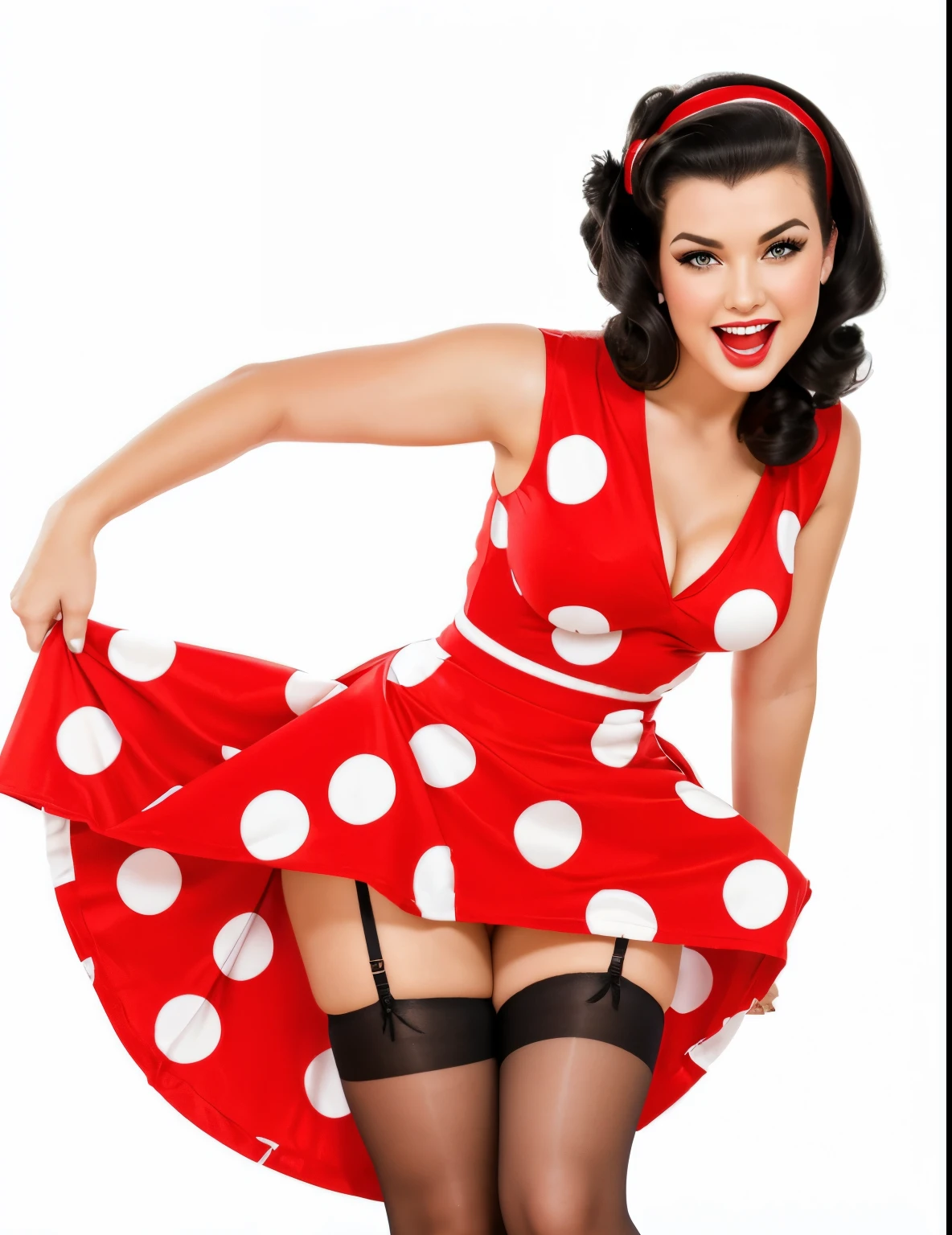 Full length photo of a girl, realistically depicting a 35 year old woman as sexy and emotional. she has black hair, creating a mysterious and sexy image. Model dressed in pin-up style with hair styled "victory rolls". Her plump red lips make her look sexy. She has average breast size. She portrays an American housewife, posing in various sexual positions. Against a white background, she appears in a red retro dress with large polka dots with a fluffy, voluminous ballerina skirt. She has a red bandana on her head, and on her feet there are red stockings. The photo is made in pin-up style, emphasizing the retro-USA vibe. Her sexy look, she looks at me, and blows a kiss, give the photo a special charm. she is surprised, she flirts, her mouth is open, she laughs