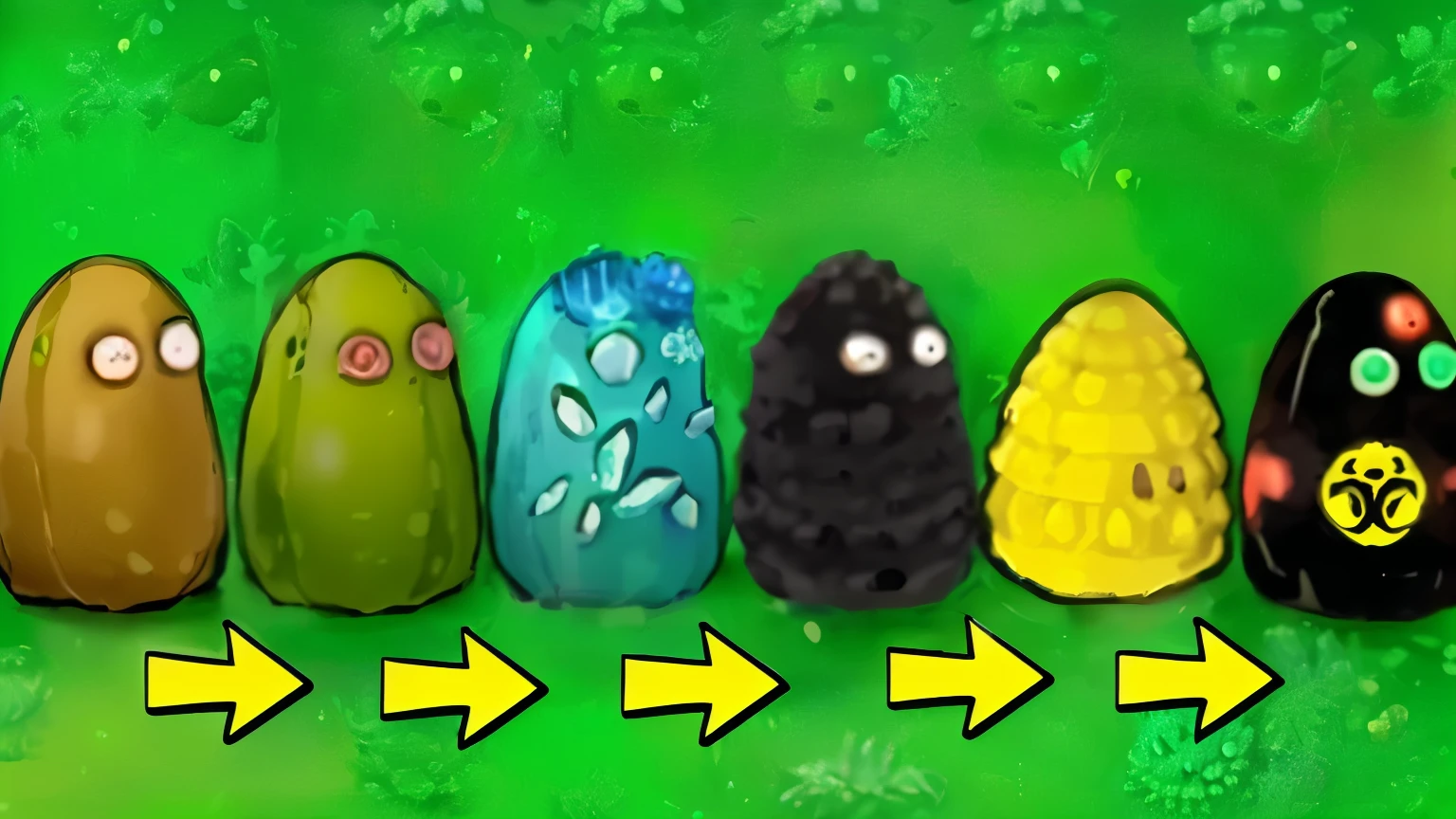 a close up of a row of different colored eggs with faces, growths, slimes, healing pods, mysterious black slime, pods, plant armour, alien plants, deadly alien plants, green pupills, shy beetles, blob anime, alien forms, moai seedling, cone heads, species fusion, 🐋 as 🐘 as 🤖 as 👽 as 🐳
