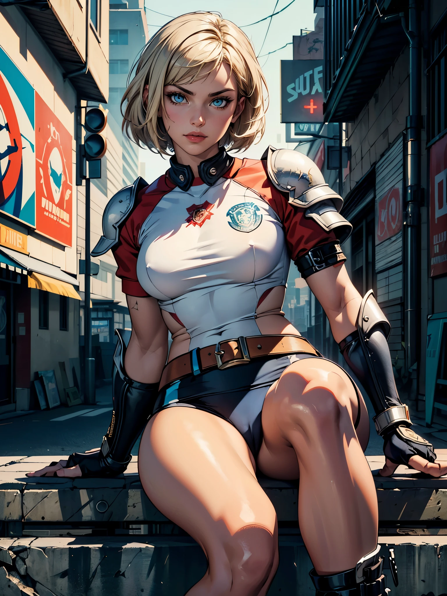 ((top-quality、8K、32K、masterpiece、nffsw:1.3)), (superfine illustration)、(超A high resolution), (((adult body))), (((1girl in))), ((( Bob Shorthair ))), 25-year-old cyberpunk gladiator with a perfect body, Shoulder pads with metal spines, Gladiadores in Brooklyn, (( Bob Shorthair )), Small leather panties, Torn rugby team shirt, Almost naked in Simon Bisley's urban savage style, short blond hair, Minimum clothing, Metal protection on the left arm with complex graphics, Dark red with white stars and blue and white stripes, s Armor, Full of tips and rivets, Poison tattoo (((Image from the knee up))), short white blonde hair, In the background、 There is a wall with an intricate design painted by Shepard Fairey. smirk, sultry look, seductive,