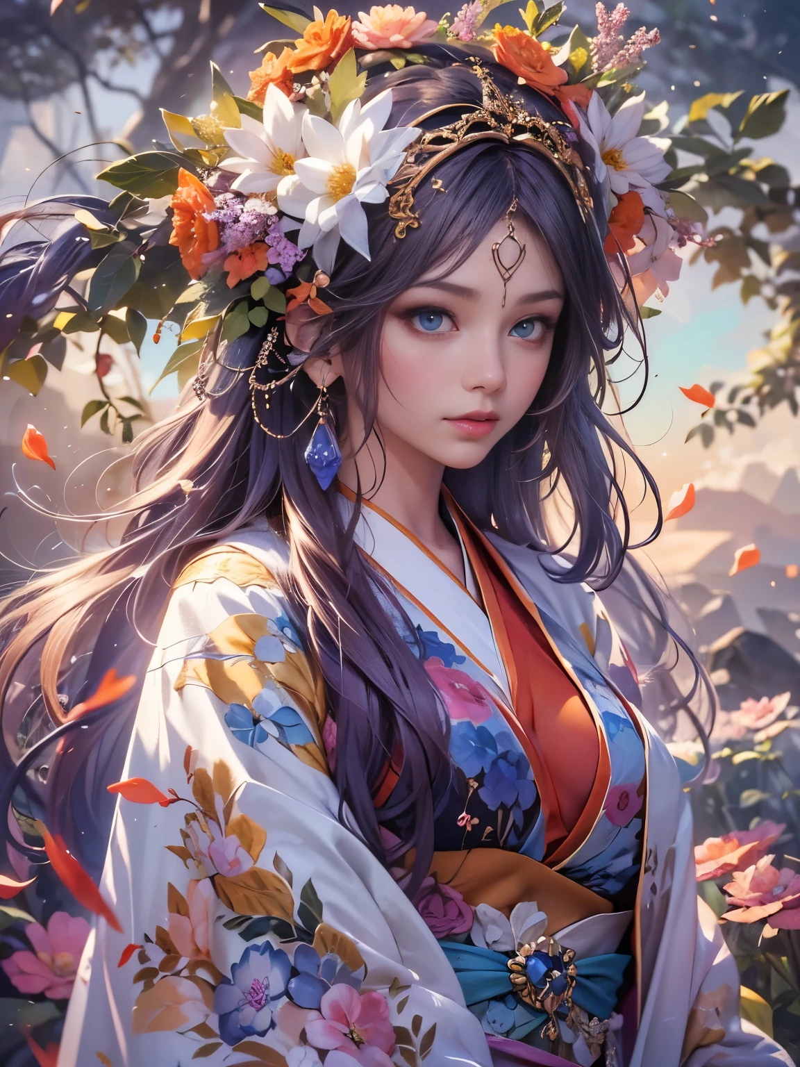 Arabian woman in kimono with flowers on her head, Beautiful digital artwork, Beautiful digital illustrations, Beautiful digital painting, Gorgeous digital painting, Gweiz-style artwork, Photorealistic anime girl rendering, Smooth anime CG art, Beautiful digital art, Amazing digital art with great detail, Amazing digital illustrations, Detailed digital anime art, April Rendering, Beautiful anime portraits, Like a perfect fairy, Flying, Yasutomo Oka's painting style, Big Breasts, Add light purple and purple, Add Light Red, Intricate details, Splash screen, 8K resolution, masterpiece, Meek smile, Big temple, mysterious magic circle background, Esoteric Mandala, Colorful background, aura, Gentle gaze, Break, Blonde, dynamic sexy poses, Strong winds, Mr.々Light source, Colorful light,