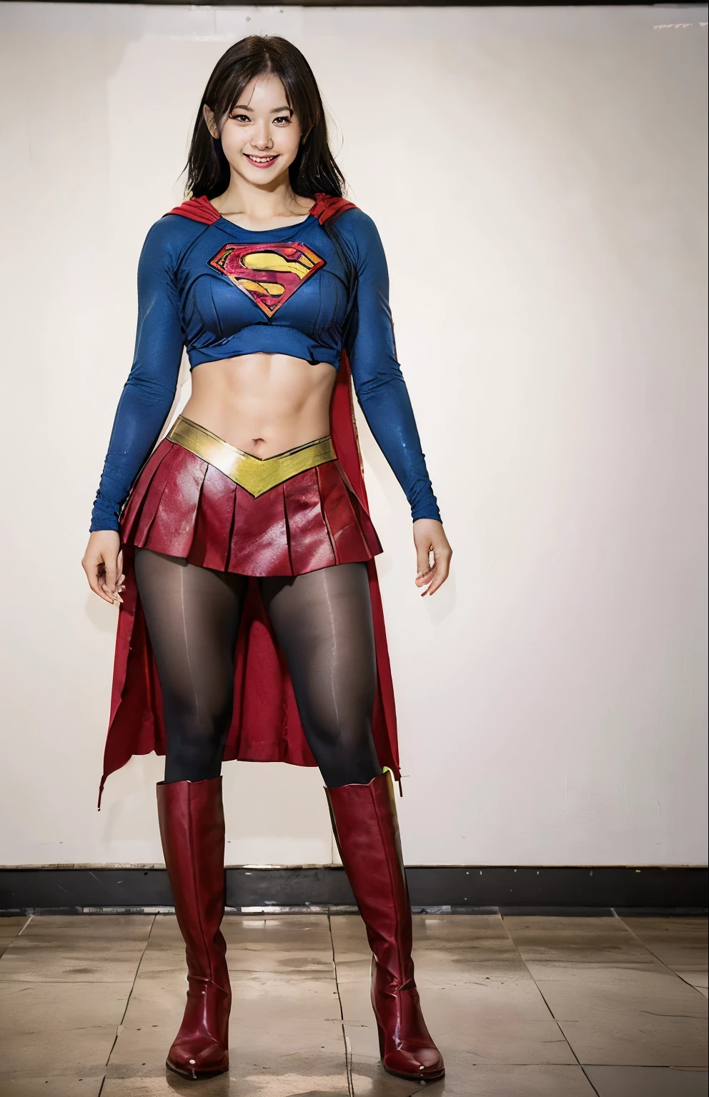 No background、(((Beautiful legs in black tights.)))、(((Legally express the beauty of your smile)))、((((Make the most of your original images)))、(((Body-hugging Supergirl costume)))、(((Supergirl Costume)))、(((Beautiful Hair)))、(((She is winking cutely.)))、(((Please wear black tights....、Wear red boots)))、((Best image quality、8k))、((highest quality、8k、masterpiece:1.3))、(((Preserve background )))、Sharp focus:1.2、Beautiful woman with perfect figure:1.4、Slim Abs:1.2、Wet body:1.5、Highly detailed face and skin texture、8k