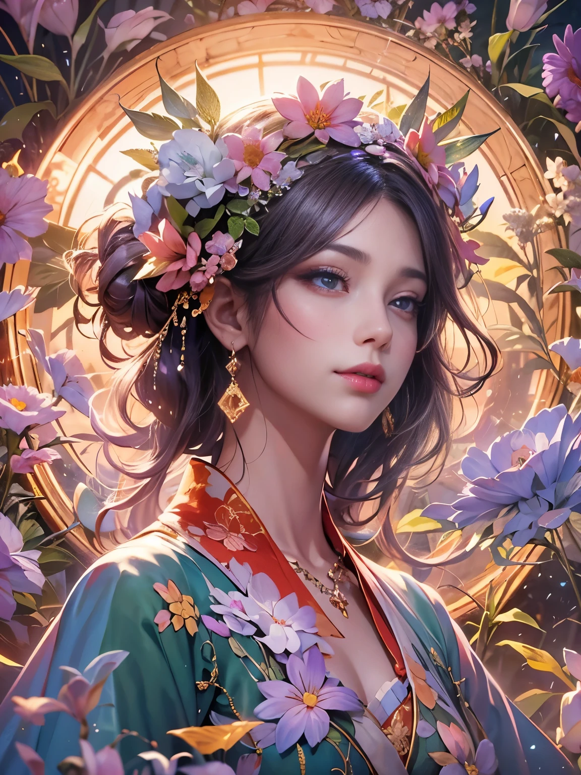 Arabian woman in kimono with flowers on her head, Beautiful digital artwork, Beautiful digital illustrations, Beautiful digital painting, Gorgeous digital painting, Gweiz-style artwork, Photorealistic anime girl rendering, Smooth anime CG art, Beautiful digital art, Amazing digital art with great detail, Amazing digital illustrations, Detailed digital anime art, April Rendering, Beautiful anime portraits, Like a perfect fairy, Flying, Yasutomo Oka's painting style, Big Breasts, Add light purple and purple, Add Light Red, Intricate details, Splash screen, 8K resolution, masterpiece, Meek smile, Big temple, mysterious magic circle background, Esoteric Mandala, Colorful background, aura, Gentle gaze, Break, Blonde, dynamic sexy poses, Strong winds, Mr.々Light source, Colorful light,