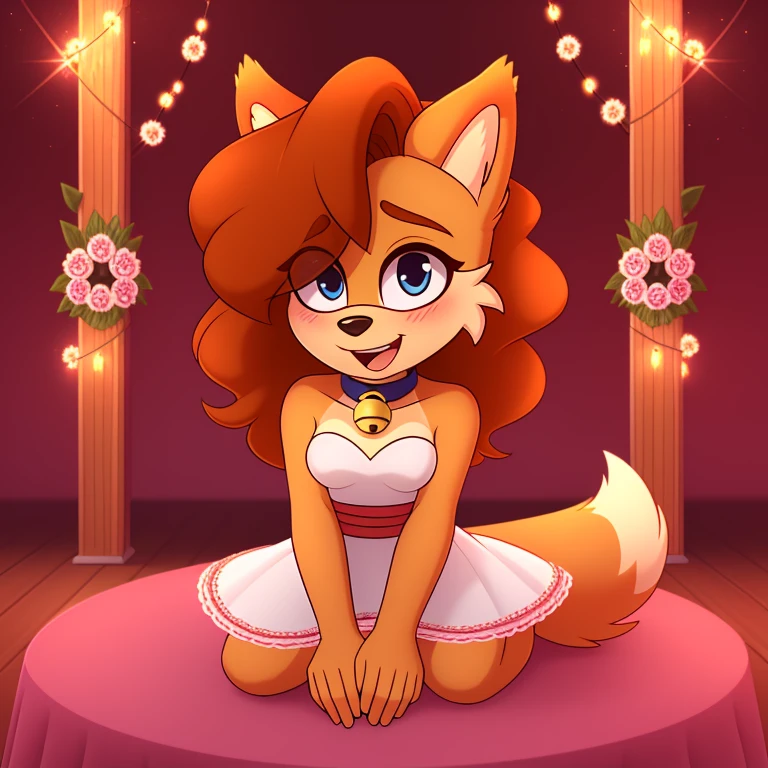 best quality,best resolution,(fluffy anthro furry :1.6),(young :1.6),solo,dog girl,small breasts,gold canine ears,gold dog tail,gold body fur,dark brown long hair,wavy hair,curvy hair,blue eyes,sparkle eyes,glistering eyes,small bell collar,flower hair ornaments,white dress with flower embroidery,raffles,sleeveless,bare shoulder,flowers surronded,floral decoraton ornaments,ribbon bondage,luxury flower shop,looking at viewer,full face blush,shy face,horny smile,open mouth,panoramic view,sitting,gorgeous gown with gold floral embroidered