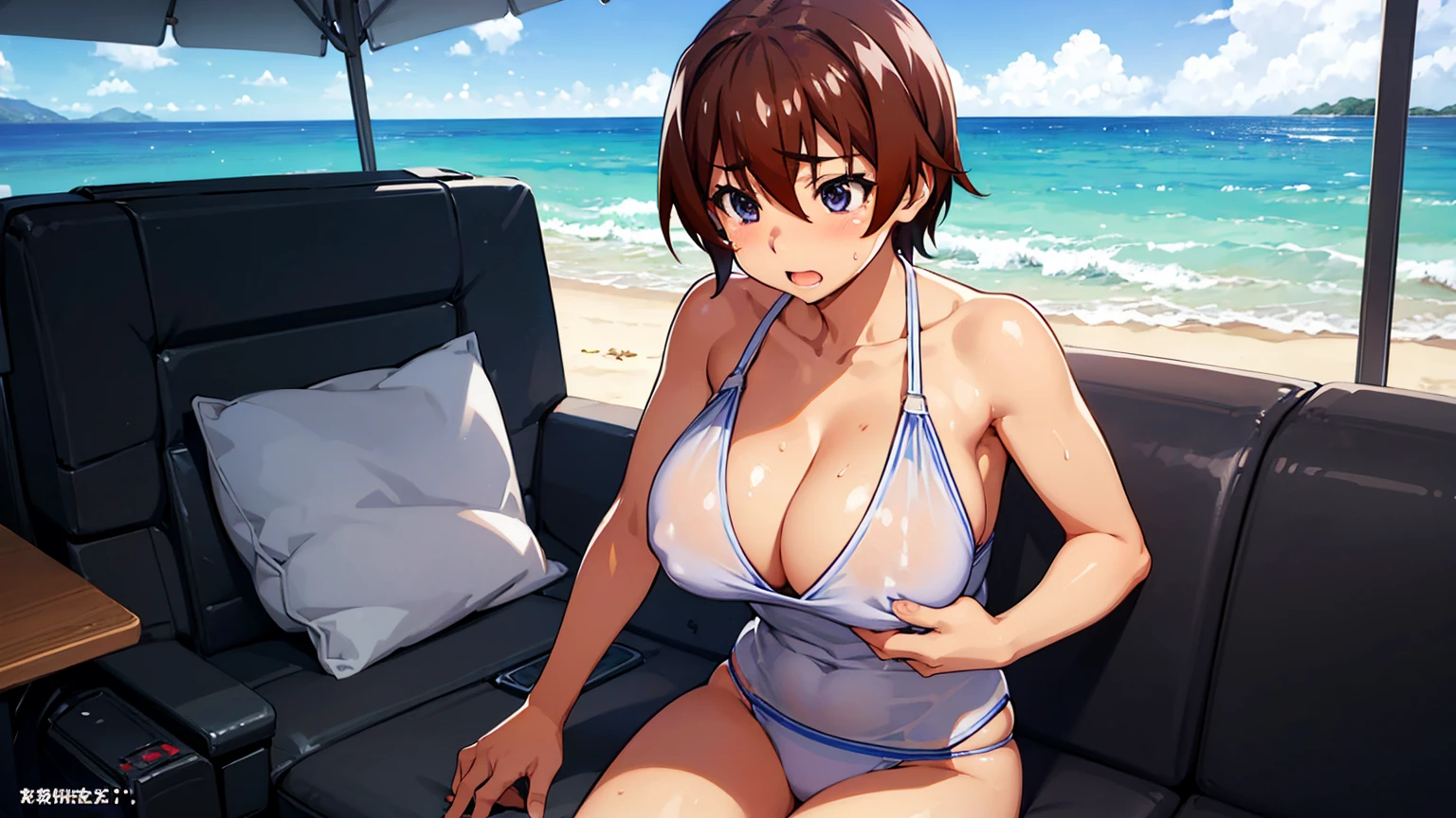 When They Cry Keiichi Maebara big breasts breast enlargement breasts pumped up bikini full-body shot illustration of a person sitting on the beach, ultra-detailed, HDR, vibrant colors, soft lighting