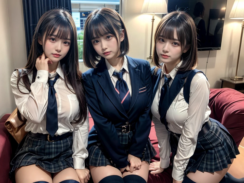 (8K, Raw photography, top-quality, masterpiece:1.2), master piece, best quality, illustration, Super detailed, fine details, High resolution, 8K,wall paper, perfect dynamic composition,(Details High quality, realistic depiction of eyes:1.3), ((2 girls, 2 schoolgirls)), The background is a luxury hotel room、High school girl uniform、blazer 、Super Short Check Uniform Skirt、Navy blue high socks、garterbelts、Colossal tits、Disturbed uniform, Play with each other,Touching each other's bodies,Touching the body of the girl next door, short bob hair, black hair color, huge breasts, Big Natural Color Lip, bold sexy pose, (perfect body shape), crying a little、cold gaze, Beautiful makeup,glitter makeup,Cutest 18 years old, beautiful legs, hposing Gravure Idol, Voluptuous thighs