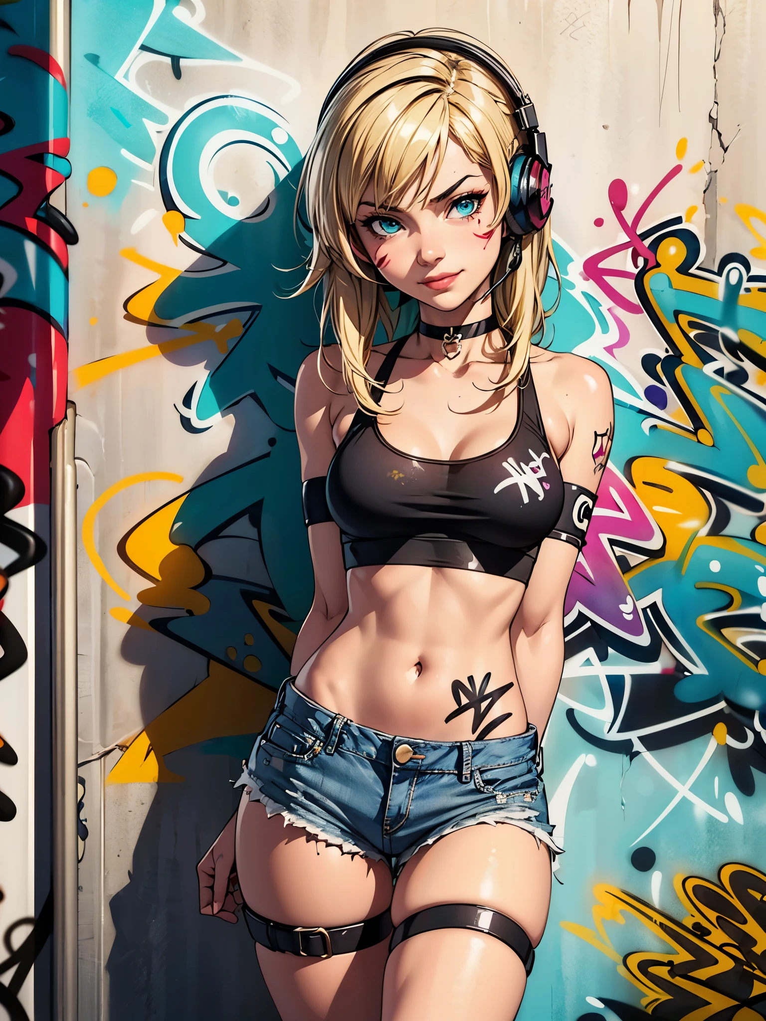 masterpiece, best quality, 1girl, solo, crop top, denim shorts, choker, (graffiti:1.5), paint splatter, arms behind back, against wall, looking at viewer, armband, thigh strap, paint on body, head tilt, bored, blonde hair, aqua eyes, headset,.  smirk, sultry look, seductive, 