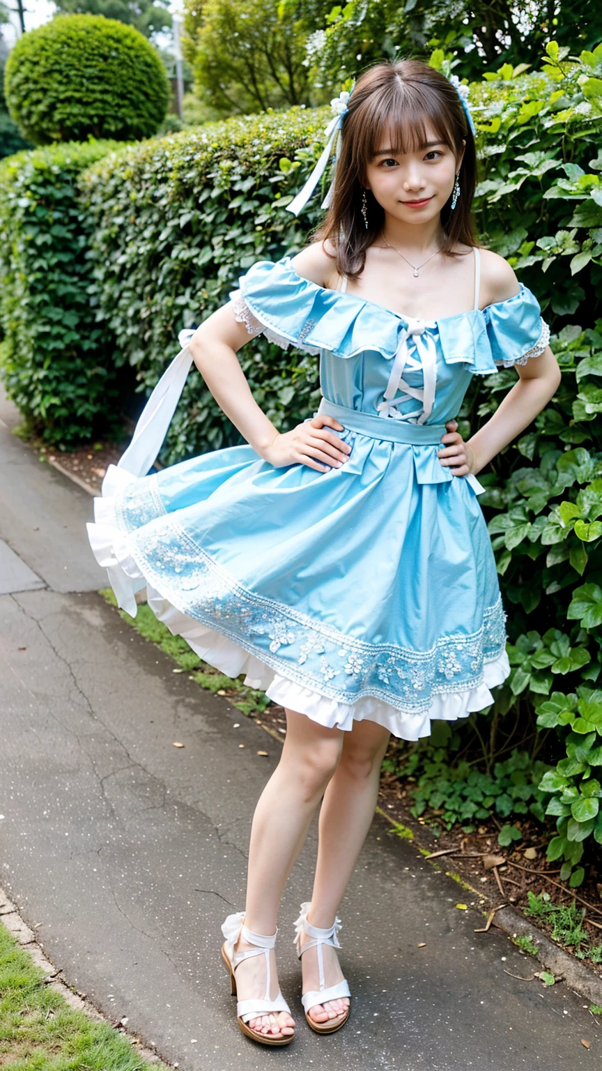 (8k、RAW Photos、highest quality、masterpiece:1.2)、(Realistic、Realistic)、1 girl、((White and light blue dress、Long skirt、Sandals、Off the shoulder、Frills、Ribbon on chest、garden、smile、Big Breasts、View from the front、whole body、Standing with hands on hips))、Lots of eyelashes、Glowing eyelids、skeletally correct
