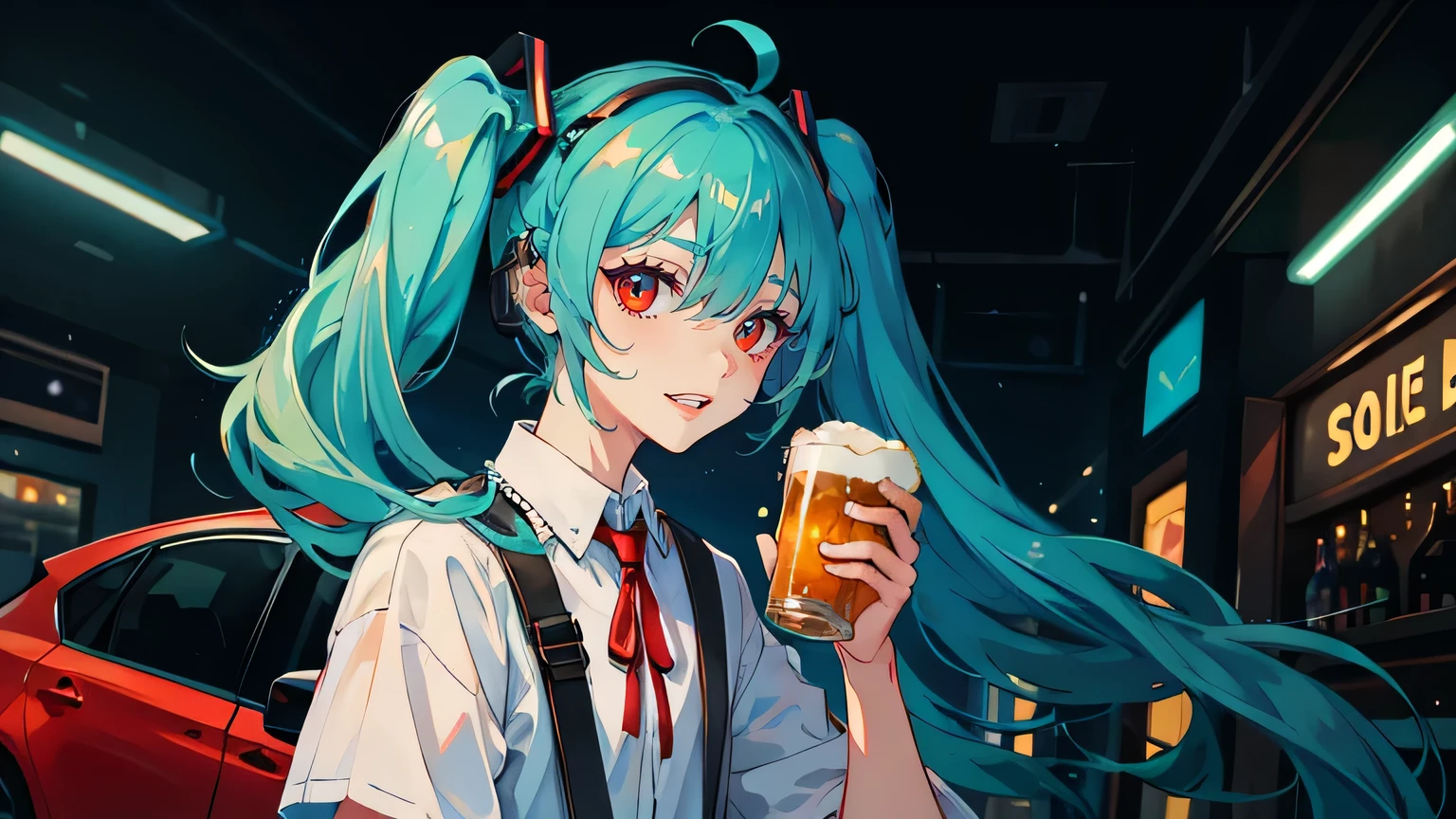 (masterpiece, best quality, very detailed, best shadow), 1girl, solo, miku hatsune, ahoge, aqua eyes, aqua hair, crossed bangs, hair between eyes, hair ornament, headphones, long hair, twintails, driving, car, bar, beer