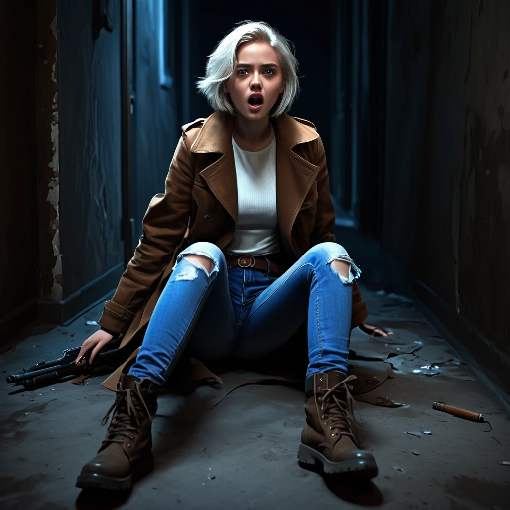 ((suspense scene ((CONCEPT ART)), extremely detailed with a girl wearing blue jeans, and brown coat and boots)), (better lighting, better shadow, an extremely delicate and scary), (digital illustration), ((4k painting)), [(dynamic angle,((1girl)),white hair, (beautiful face, perfect face, scared,) expression of fear, torn clothes, a gun in hand, sitting on the floor, darkness, scary house),  [:(dark, mysterious, game paint, sinister setting, jagged corridors, big house, deadly silence):]
