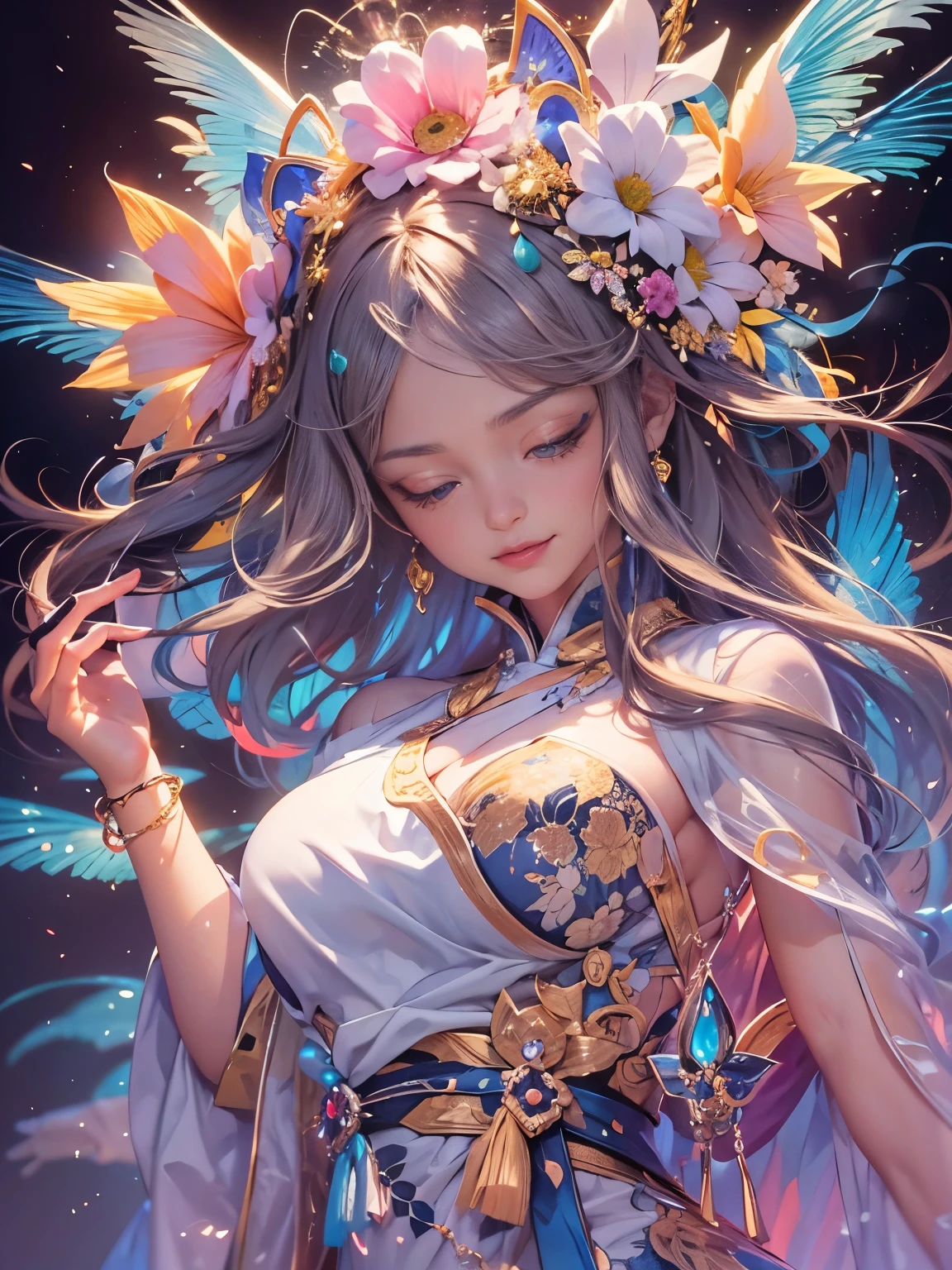 Arabian woman in kimono with flowers on her head, Beautiful digital artwork, Beautiful digital illustrations, Beautiful digital painting, Gorgeous digital painting, Gweiz-style artwork, Photorealistic anime girl rendering, Smooth anime CG art, Beautiful digital art, Amazing digital art with great detail, Amazing digital illustrations, Detailed digital anime art, April Rendering, Beautiful anime portraits, Like a perfect fairy, Flying, Yasutomo Oka's painting style, Big Breasts, Add light purple and purple, Add Light Red, Intricate details, Splash screen, 8K resolution, masterpiece, Meek smile, Big temple, mysterious magic circle background, Buddhist Mandala, Colorful background, aura, Gentle gaze, Break, Blonde, dynamic sexy poses, Strong winds, Mr.々Light source, Colorful light,