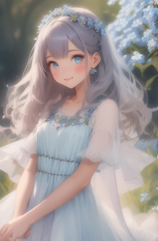 Absurd, High resolution, Super detailed, (One beautiful girl:1.3), A little smile, de luz, Forget-me-not dress, Glitter, Pastel style, Soft Blending, Dreamy wash, Warm texture