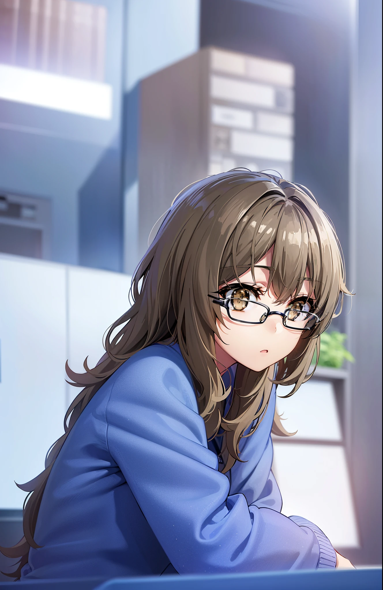 riofutaba, rio futaba, black-framed eyewear, (brown eyes:1.7), glasses, (grey hair:1.2), hair between eyes, over-rim eyewear, semi-rimless eyewear, long hair, sidelocks, 
BREAK (masterpiece:1.2), best quality, high resolution, unity 8k wallpaper, (illustration:0.8), (beautiful detailed eyes:1.6), extremely detailed face, perfect lighting, extremely detailed CG, (perfect hands, perfect anatomy),