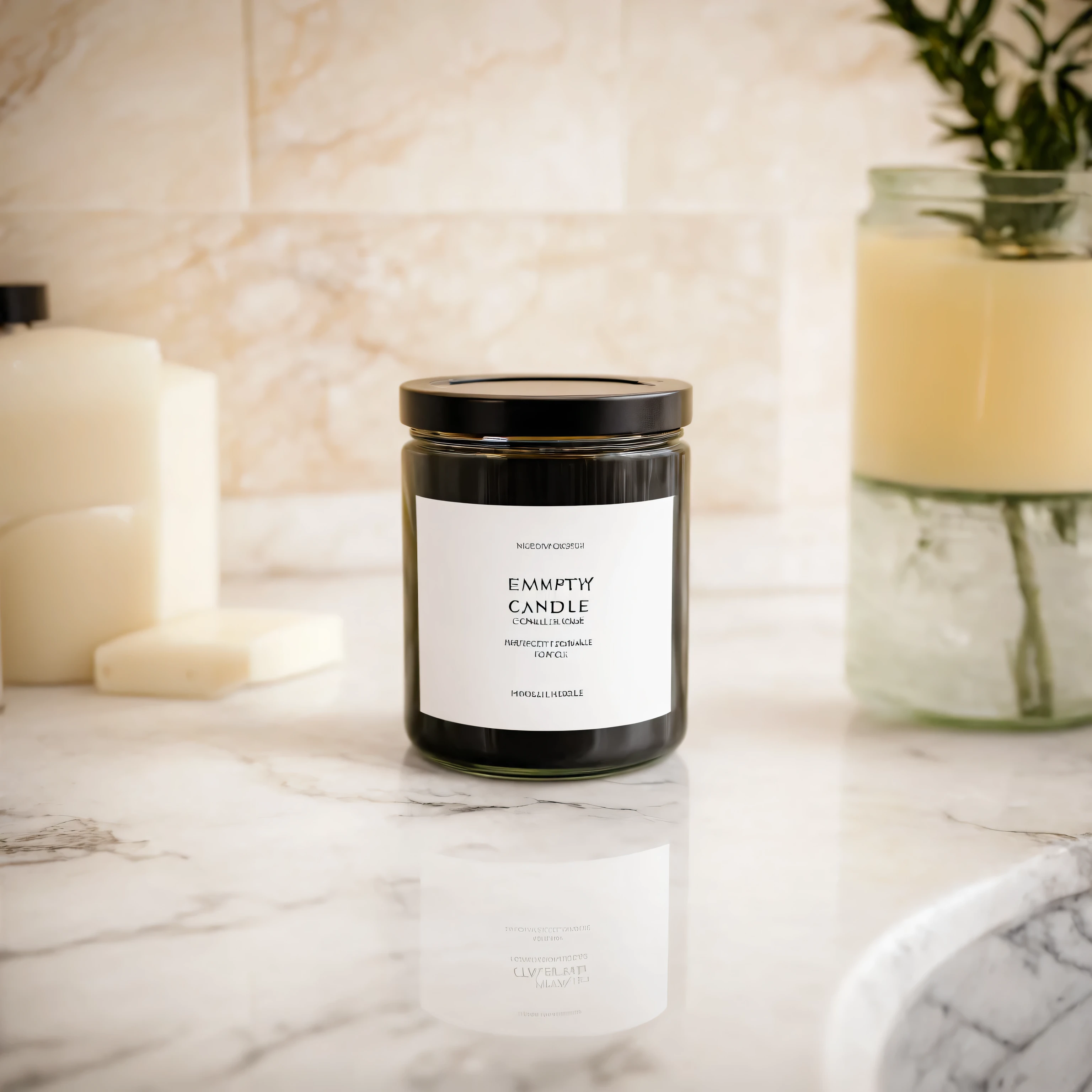Mockup empty, a blank small candle in a jar with white label and black lid, on a cream marble countertop, in the luxurious bathroom in defocused background, high end and classy style, shot on 50mm lens, sony a7s camera, shallow depth of field, professional photography