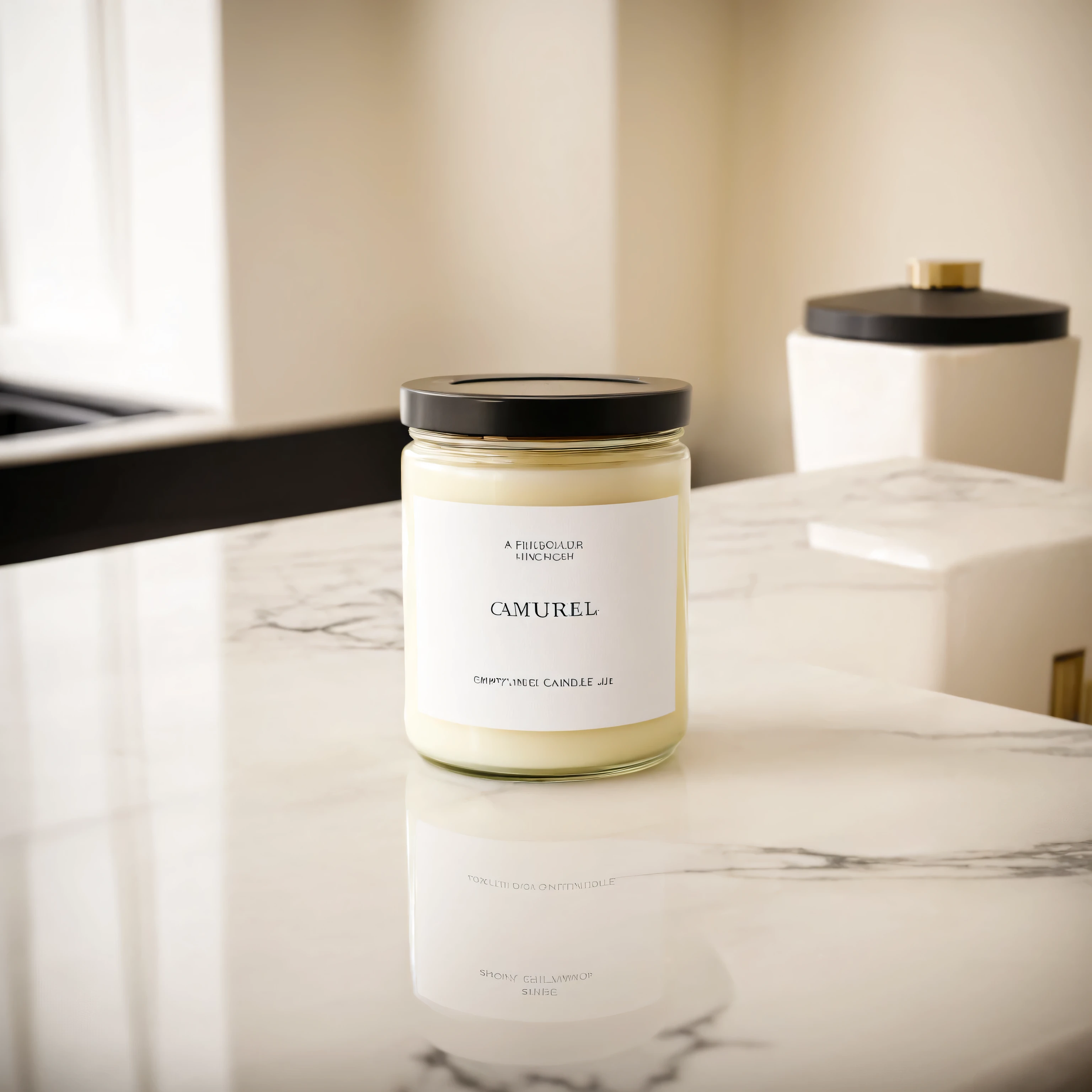 Mockup empty, a blank small candle in a jar with white label and black lid, on a cream marble countertop, in the luxurious bathroom in defocused background, high end and classy style, shot on 50mm lens, sony a7s camera, shallow depth of field, professional photography