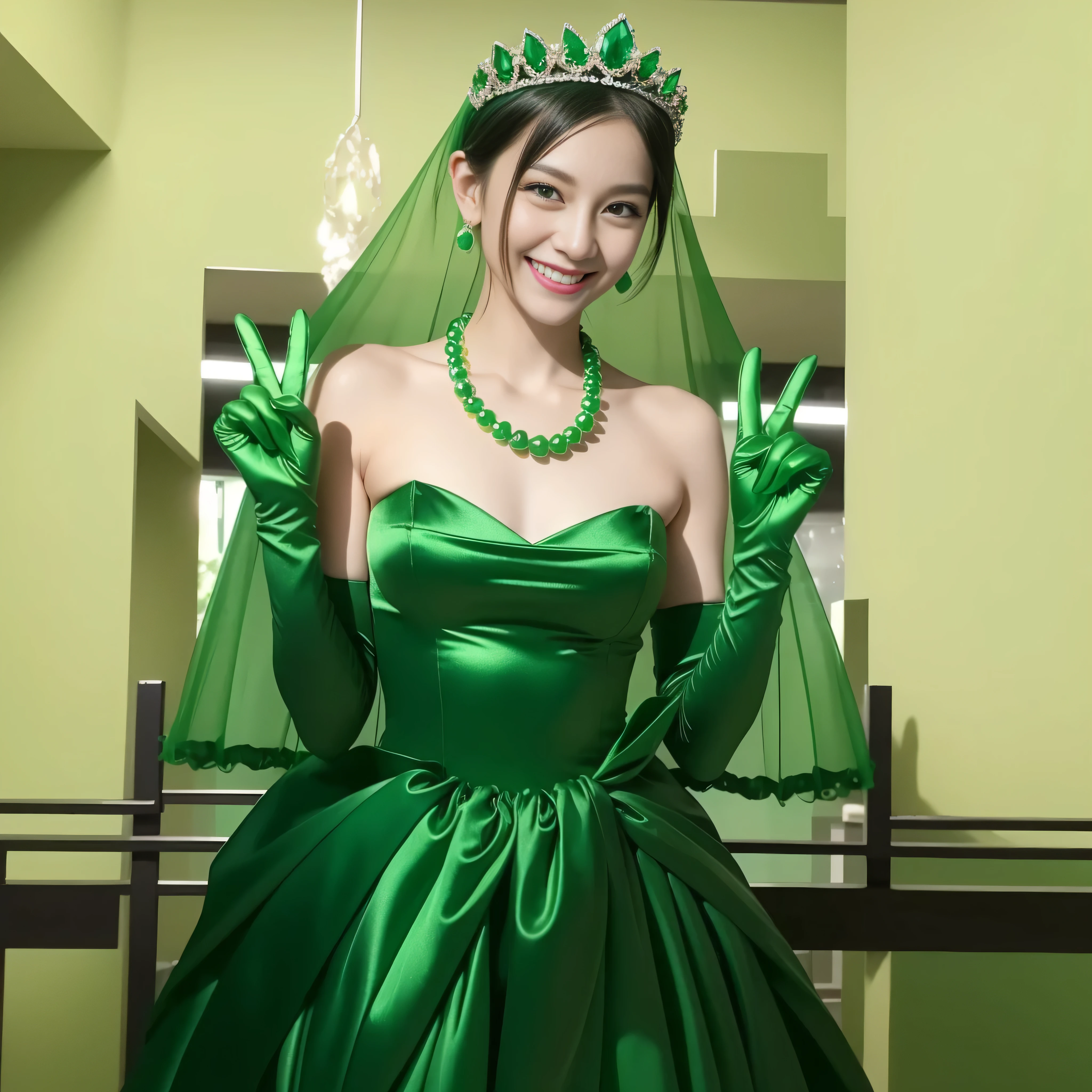 Emerald tiara, Green Pearl Necklace, Boyish very short green hair, lipstick, Smiling Japan woman in her 30s, Very short hair, Big and beautiful, Green Eyes, Long green satin gloves, Big Breasts, V sign, Emerald Earrings, Green veil
