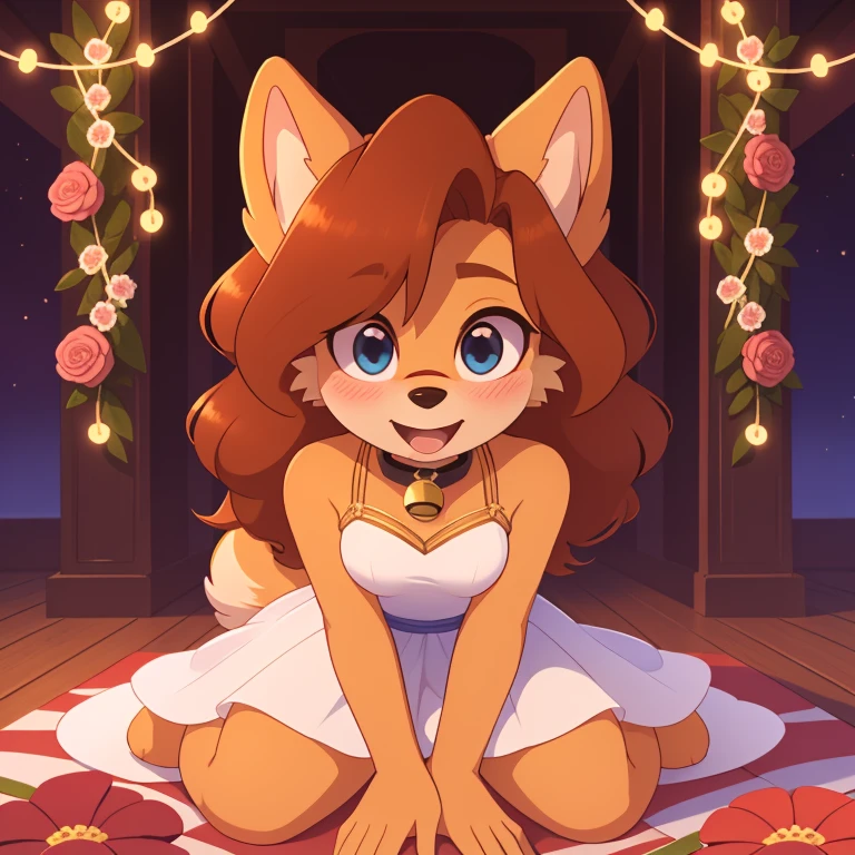 best quality,best resolution,(fluffy anthro furry :1.6),(young :1.6),solo,dog girl,small breasts,gold canine ears,gold dog tail,gold body fur,dark brown long hair,wavy hair,curvy hair,blue eyes,sparkle eyes,glistering eyes,small bell collar,flower hair ornaments,white dress with flower embroidery,raffles,sleeveless,bare shoulder,flowers surronded,floral decoraton ornaments,ribbon bondage,luxury flower shop,looking at viewer,full face blush,shy face,horny smile,open mouth,panoramic view,sitting,gorgeous gown with gold floral embroidered