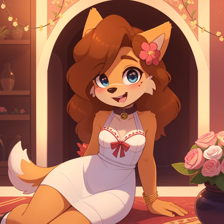 best quality,best resolution,(fluffy anthro furry :1.6),(young :1.6),solo,dog girl,small breasts,gold canine ears,gold dog tail,gold body fur,dark brown long hair,wavy hair,curvy hair,blue eyes,sparkle eyes,glistering eyes,small bell collar,flower hair ornaments,white dress with flower embroidery,raffles,sleeveless,bare shoulder,flowers surronded,floral decoraton ornaments,ribbon bondage,luxury flower shop,looking at viewer,full face blush,shy face,horny smile,open mouth,panoramic view,sitting,gorgeous gown with gold floral embroidered