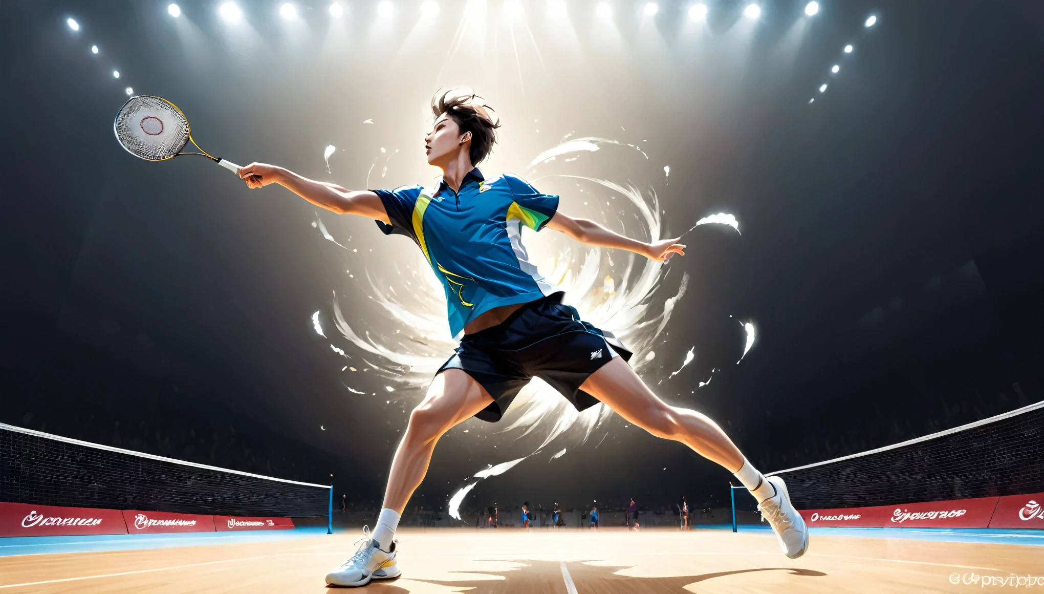 Generate an image of a lone man playing badminton with a neutral background from a low angle and jumping with a distinctive composition that emphasizes movement and grace. Capture the fluidity of your movements and the dynamic energy of sport in a visually stunning way. Utilize unique lighting and angles to create a visually engaging and artistic representation .ouvido de bate-papo