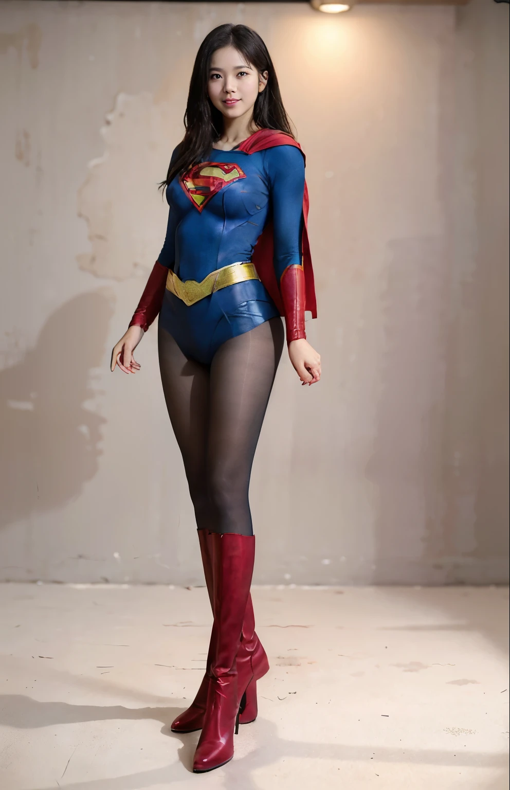 No background、(((Beautiful legs in black tights.)))、(((Legally express the beauty of your smile)))、((((Make the most of your original images)))、(((Body-hugging Supergirl costume)))、(((Supergirl Costume)))、(((Beautiful Hair)))、(((She is winking cutely.)))、(((Please wear black tights....、Wear red boots)))、((Best image quality、8k))、((highest quality、8k、masterpiece:1.3))、(((Preserve background )))、Sharp focus:1.2、Beautiful woman with perfect figure:1.4、Slim Abs:1.2、Wet body:1.5、Highly detailed face and skin texture、8k