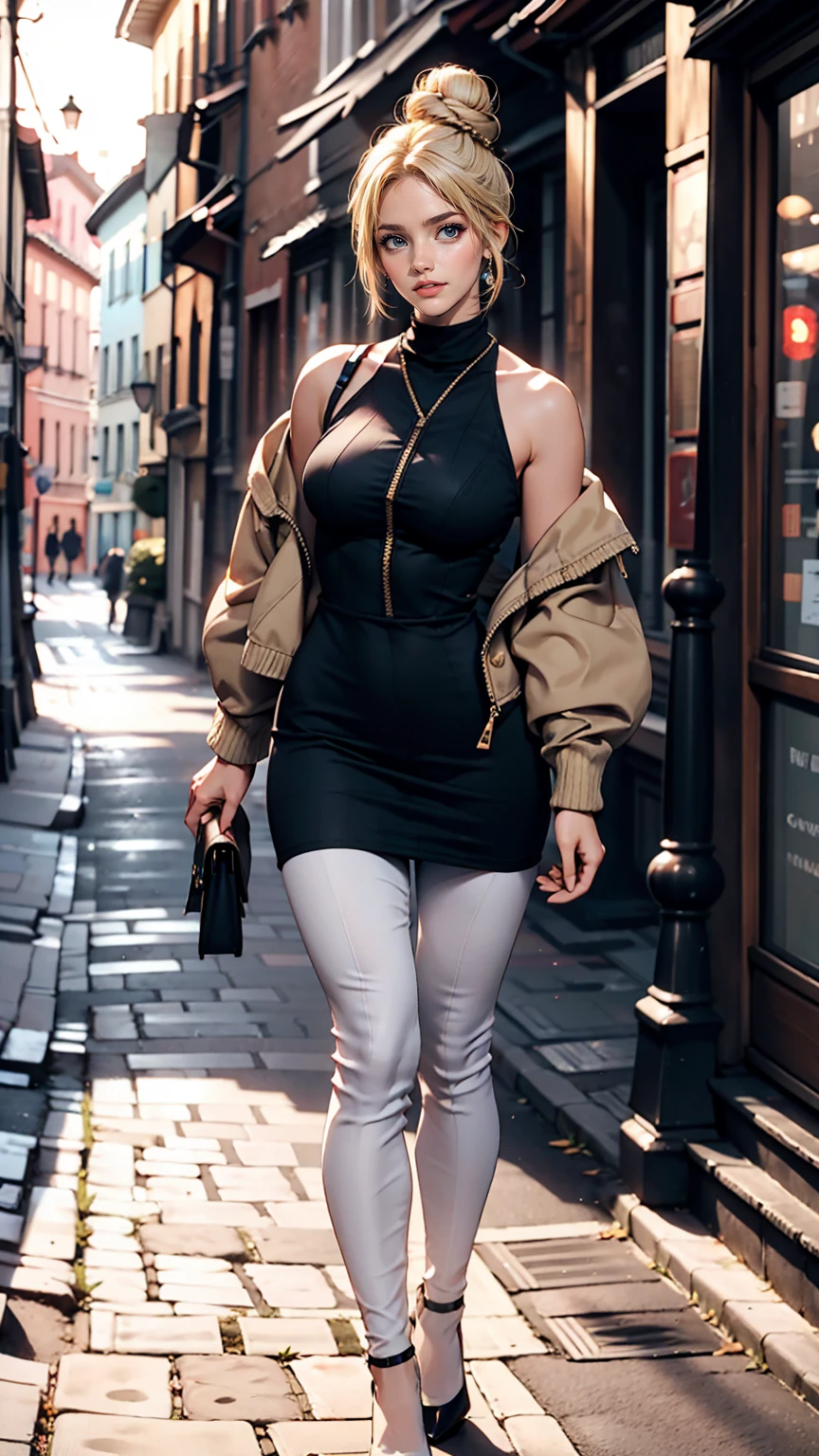 A 22-year-old extremely beautiful white woman、Supermodel proportions、Hair color blonde、blue eyeedium Hair、Straight Hair、Three-ply chignon((triple bun))、Wear a high-neck zipper-up dress、Lower milk visible、Navel visible、Large chest、Narrow waist、Wear leggings、Wear high heels、In a cobblestone alley of the old town、smile