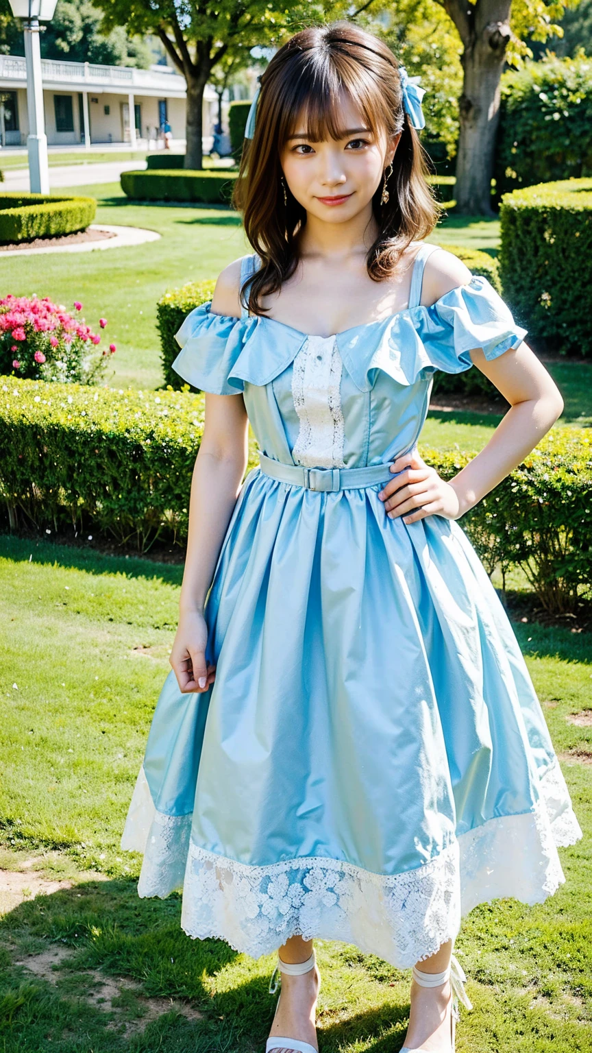 (8k、RAW Photos、highest quality、masterpiece:1.2)、(Realistic、Realistic)、1 girl、((White and light blue dress、Long skirt、Sandals、Off the shoulder、Frills、Ribbon on chest、Long Hair、Curly Hair、garden、smile、Big Breasts、View from the front、whole body、Standing with hands on hips))、Lots of eyelashes、Glowing eyelids、skeletally correct