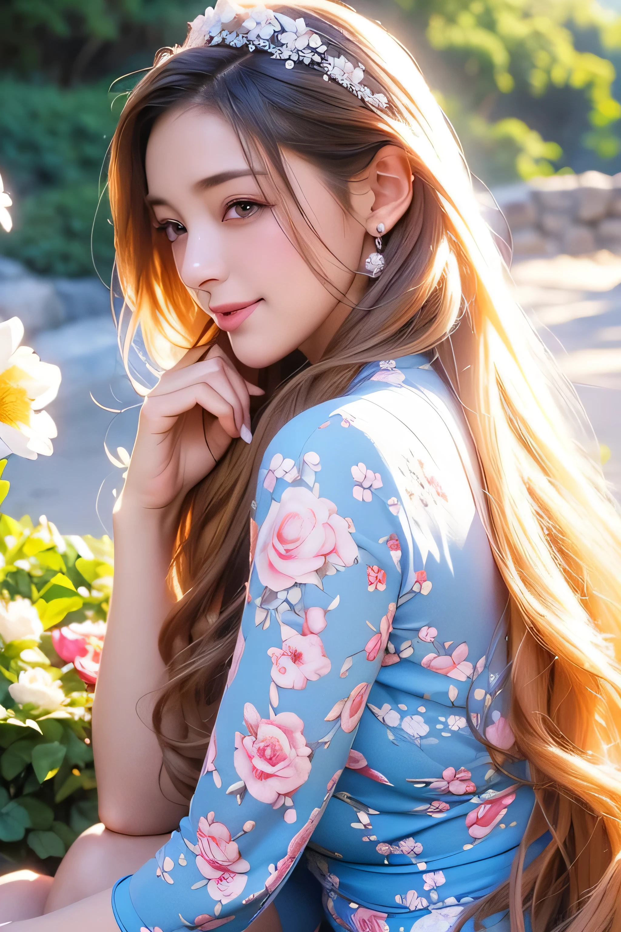 18 year old beautiful girl, Big eyes, Big Breasts, thin, 8k, highest quality, (Very detailed head: 1.0), (Highly detailed face: 1.0), (Very thin hair: 1.0), Maid clothes, High-resolution official artwork, Anime Moe Art Style, Beautiful and detailed anime art, smile, Blonde, Sleek Long Hair、((sitting on a chair with her back to the top of the mountain_with blue sky and white clouds，rays of sunshine:1.2)),((wearing Big floral mini dress:1.3))、((open her mouth wide_singing something:1.4))((Place your left hand gently on your chin:1.3))