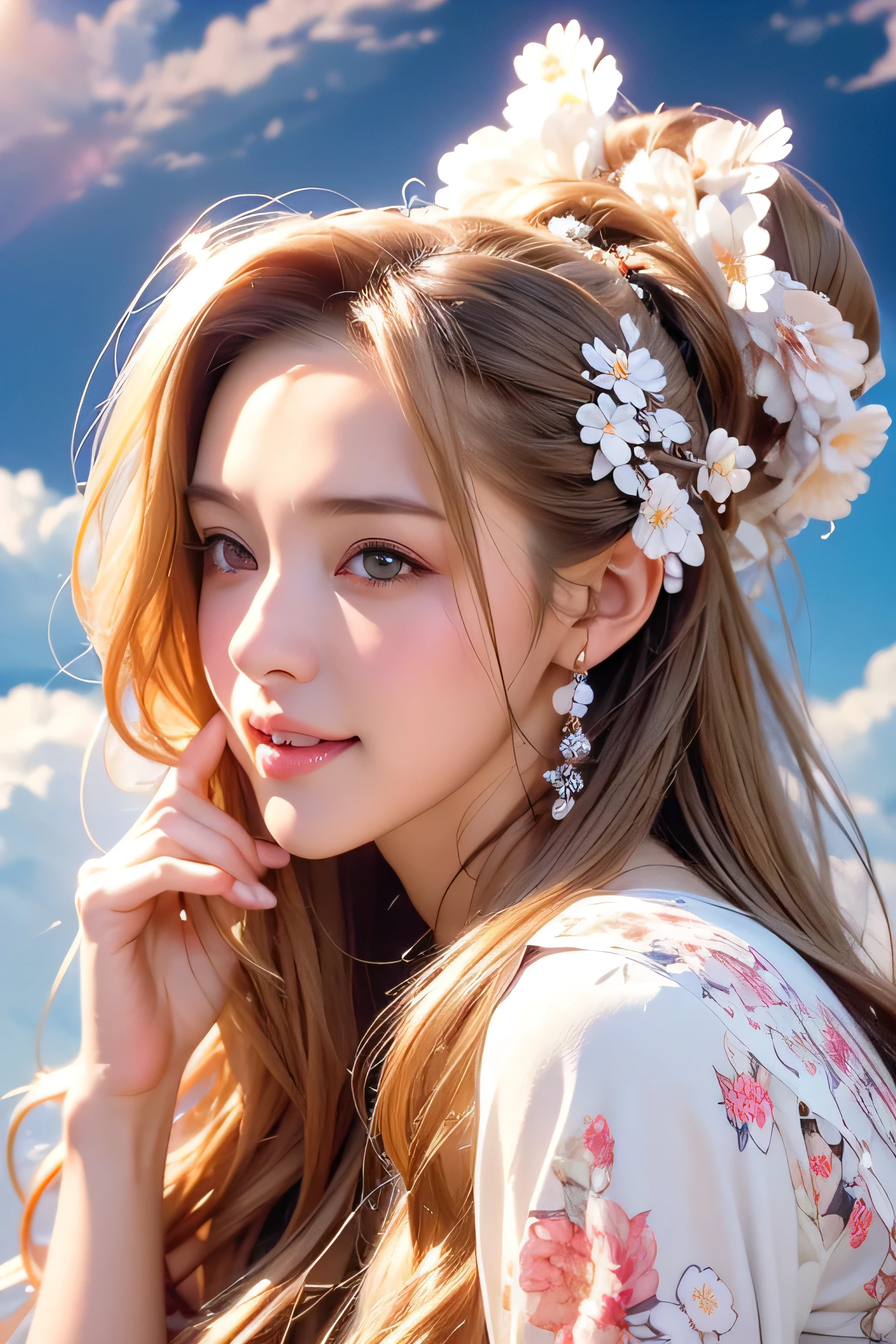 18 year old beautiful girl, Big eyes, Big Breasts, thin, 8k, highest quality, (Very detailed head: 1.0), (Highly detailed face: 1.0), (Very thin hair: 1.0), Maid clothes, High-resolution official artwork, Anime Moe Art Style, Beautiful and detailed anime art, smile, Blonde, Sleek Long Hair、((sitting on a chair with her back to the top of the mountain_with blue sky and white clouds,rays of sunshine:1.2)),((wearing Big floral mini dress:1.3))、((open her mouth wide_singing something:1.4))((Place your left hand gently on your chin:1.3))