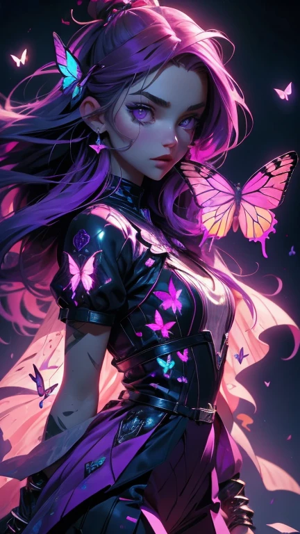 close up, Beautiful young girl, Purple long hair, Purple Eyes, Neon Purple Butterfly, 8K, high detail, Highly realistic, Dark Fantasy Art