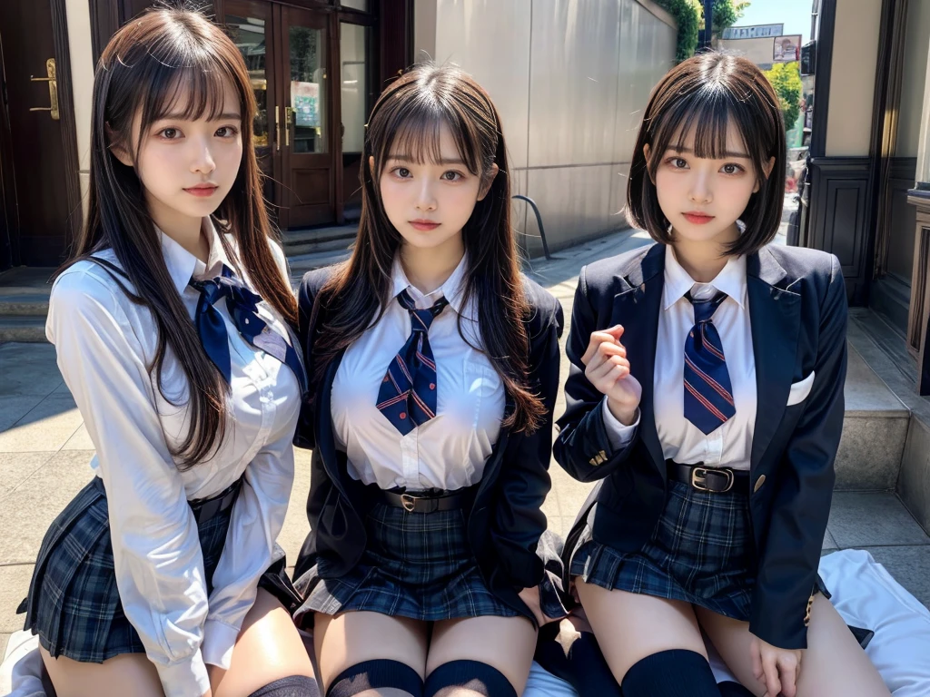 (8K, Raw photography, top-quality, ​masterpiece:1.2), master piece, best quality, illustration, Super detailed, fine details, High resolution, 8K,wall paper, perfect dynamic composition,(Details High quality, realistic depiction of eyes:1.3), ((2 girls, 2 schoolgirls)), The background is a luxury hotel room、High school girl uniform、blazer 、Super Short Check Uniform Skirt、Navy blue high socks、garterbelts、Colossal tits、Disturbed uniform, Play with each other,Touching each other's bodies,Touching the body of the girl next door, short bob hair, black hair color, huge breasts, Big Natural Color Lip, bold sexy pose, (perfect body shape), crying a little、cold gaze,  Beautiful makeup,glitter makeup,Cutest 18 years old, beautiful legs, hposing Gravure Idol, Voluptuous thighs