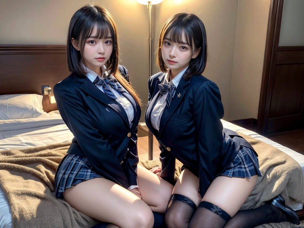 (8K, Raw photography, top-quality, masterpiece:1.2), master piece, best quality, illustration, Super detailed, fine details, High resolution, 8K,wall paper, perfect dynamic composition,(Details High quality, realistic depiction of eyes:1.3), ((2 girls, 2 schoolgirls)), The background is a luxury hotel room、High school girl uniform、blazer 、Super Short Check Uniform Skirt、Navy blue high socks、garterbelts、Colossal tits、Disturbed uniform, Play with each other,Touching each other's bodies,Touching the body of the girl next door, short bob hair, black hair color, huge breasts, Big Natural Color Lip, bold sexy pose, (perfect body shape), crying a little、cold gaze, Beautiful makeup,glitter makeup,Cutest 18 years old, beautiful legs, hposing Gravure Idol, Voluptuous thighs