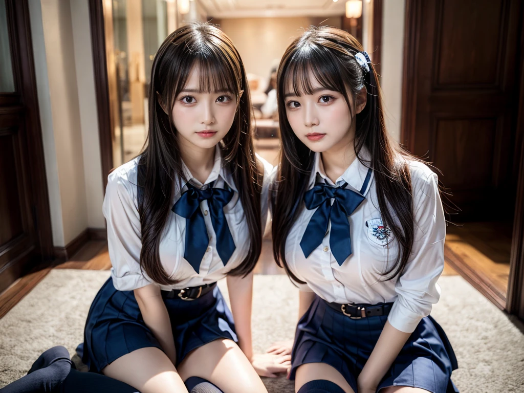 (8K, Raw photography, top-quality, masterpiece:1.2), master piece, best quality, illustration, Super detailed, fine details, High resolution, 8K,wall paper, perfect dynamic composition,(Details High quality, realistic depiction of eyes:1.3), ((2 girls, 2 girls)), The background is a luxury hotel room、High school girl uniform、blazer 、Super Short Check Uniform Skirt、Navy blue high socks、garterbelts、Colossal tits、Disturbed uniform, Play with each other,Touching each other's bodies,Touching the body of the girl next door, short bob hair, black hair color, huge breasts, Big Natural Color Lip, bold sexy pose, (perfect body shape), crying a little、cold gaze, Beautiful makeup,glitter makeup,Cutest 18 years old, beautiful legs, hposing Gravure Idol, Voluptuous thighs