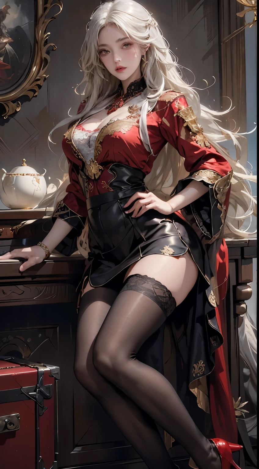 ((Masterpiece, Highest quality)), Detailed face, CharacterDesignSheet，full bodyesbian, Full of details, Multiple poses and expressions, Highly detailed, Depth, Many parts，beuaty girl，cinmatic lighting，with light glowing，Red and gold，Phoenix decoration，light yarn，Lace，lacepantyhose，high-heels