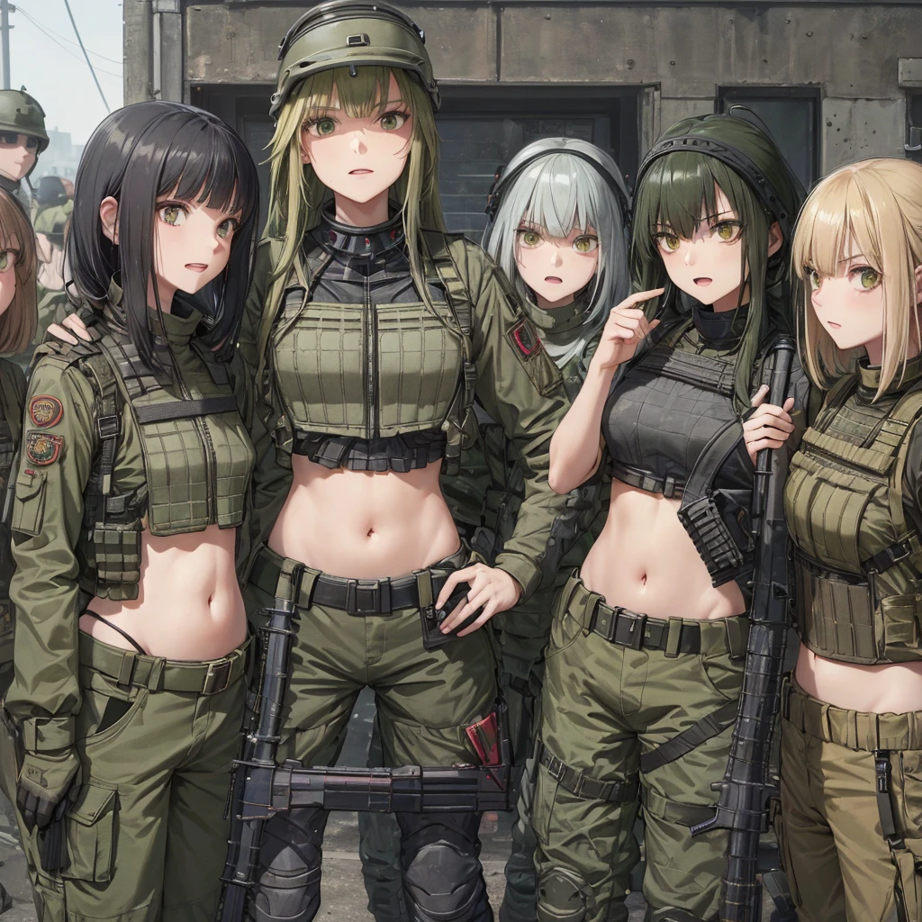 An army of Womens in crop top military bulletproof vest , military green cargo pants, belt, military helmet, tactical, ((((everyone open navel)))), ((((holding a m16))))