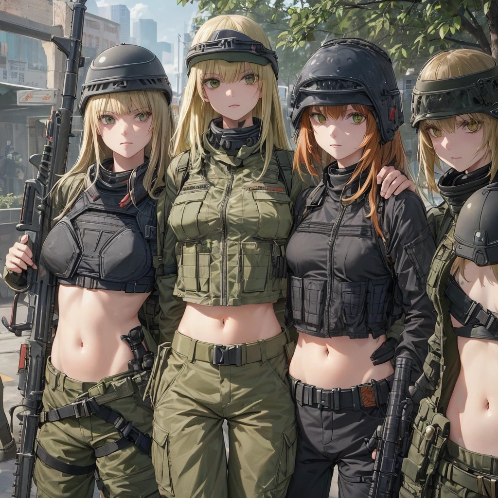 An army of Womens in crop top military bulletproof vest , military green cargo pants, belt, military helmet, tactical, ((((everyone open navel)))), ((((holding a m16))))