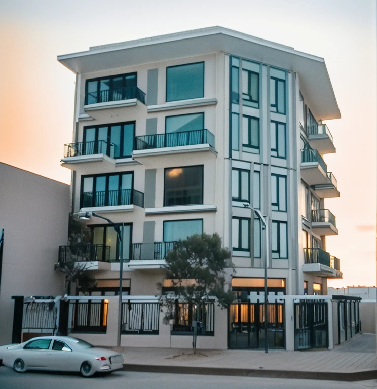 exterior of highrise hotel building, contemporary style, inspired of Norman Forster, glass with steel frame facade, 5 stars hotel design, beautiful landscape, stone pavement,cars, RAW photo, 8k uhd, dslr, soft lighting, high quality, film grain, Fujifilm XT3,masterpiece,