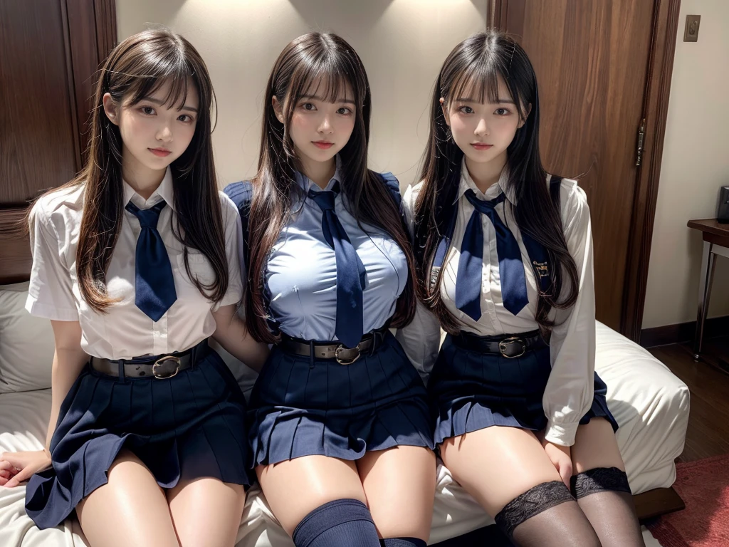 (8K, Raw photography, top-quality, masterpiece:1.2), master piece, best quality, illustration, Super detailed, fine details, High resolution, 8K,wall paper, perfect dynamic composition,(Details High quality, realistic depiction of eyes:1.3), ((2 girls, 2 schoolgirls)), The background is a luxury hotel room、High school girl uniform、blazer 、Super Short Check Uniform Skirt、Navy blue high socks、garterbelts、Colossal tits、Disturbed uniform, Play with each other,Touching each other's bodies,Touching the body of the girl next door, short bob hair, black hair color, huge breasts, Big Natural Color Lip, bold sexy pose, (perfect body shape), crying a little、cold gaze, Beautiful makeup,glitter makeup,Cutest 18 years old, beautiful legs, hposing Gravure Idol, Voluptuous thighs